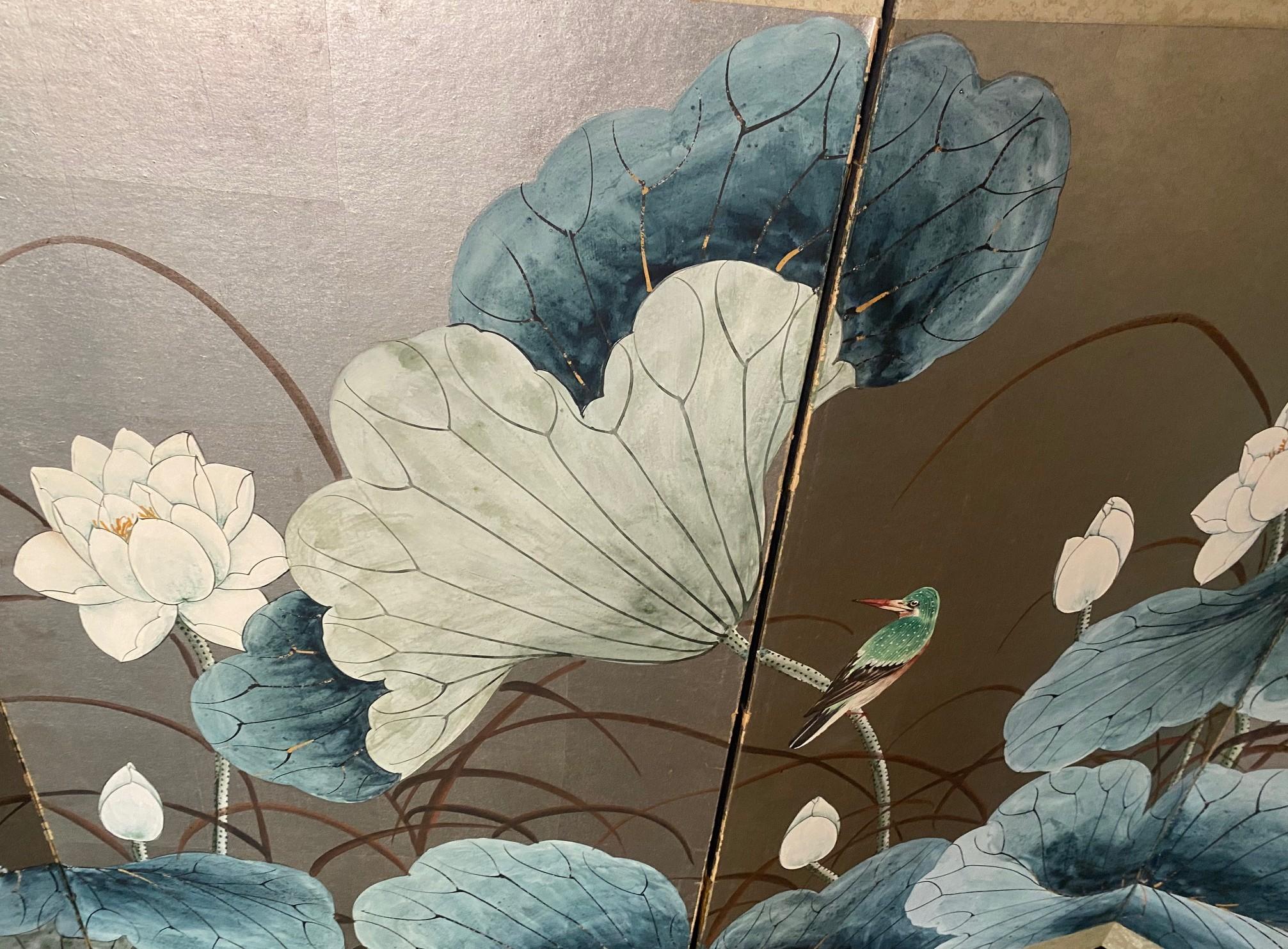 Japanisch Chinesisch Asiatisch 4 Panel Folding Byobu Bildschirm Lotus Blumen Vogel Landschaft im Angebot 3