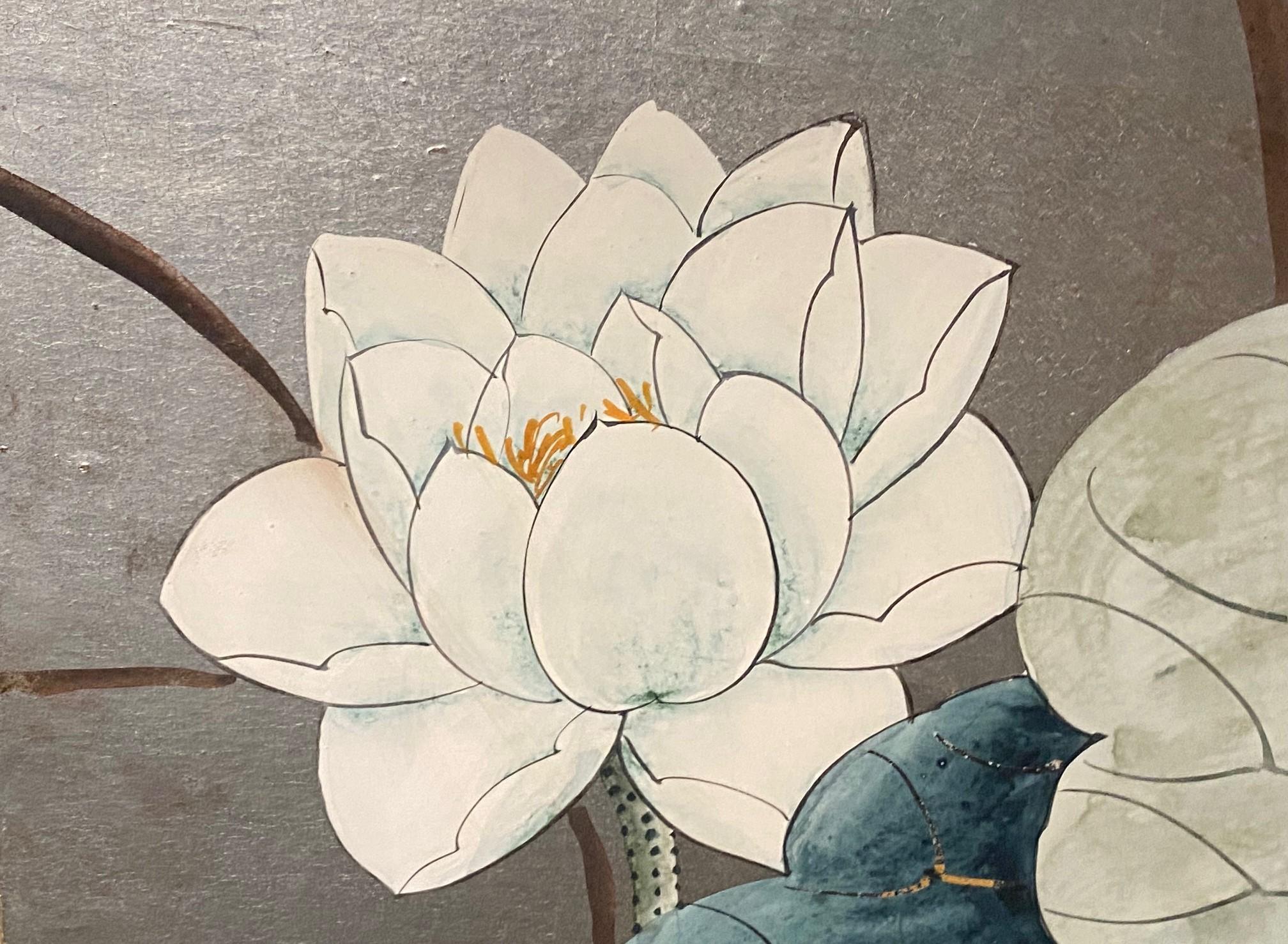 Japanisch Chinesisch Asiatisch 4 Panel Folding Byobu Bildschirm Lotus Blumen Vogel Landschaft im Angebot 4