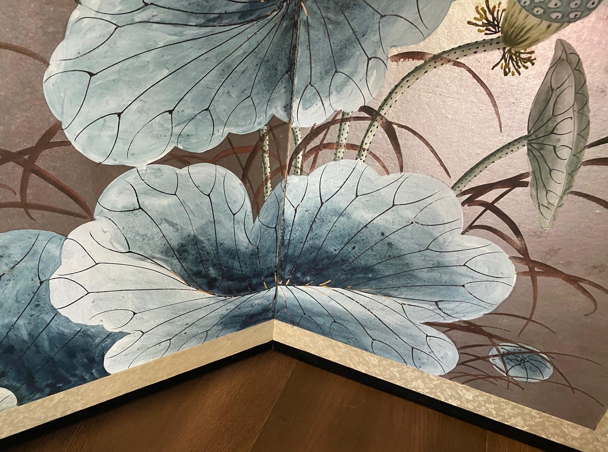 Japanisch Chinesisch Asiatisch 4 Panel Folding Byobu Bildschirm Lotus Blumen Vogel Landschaft im Angebot 5