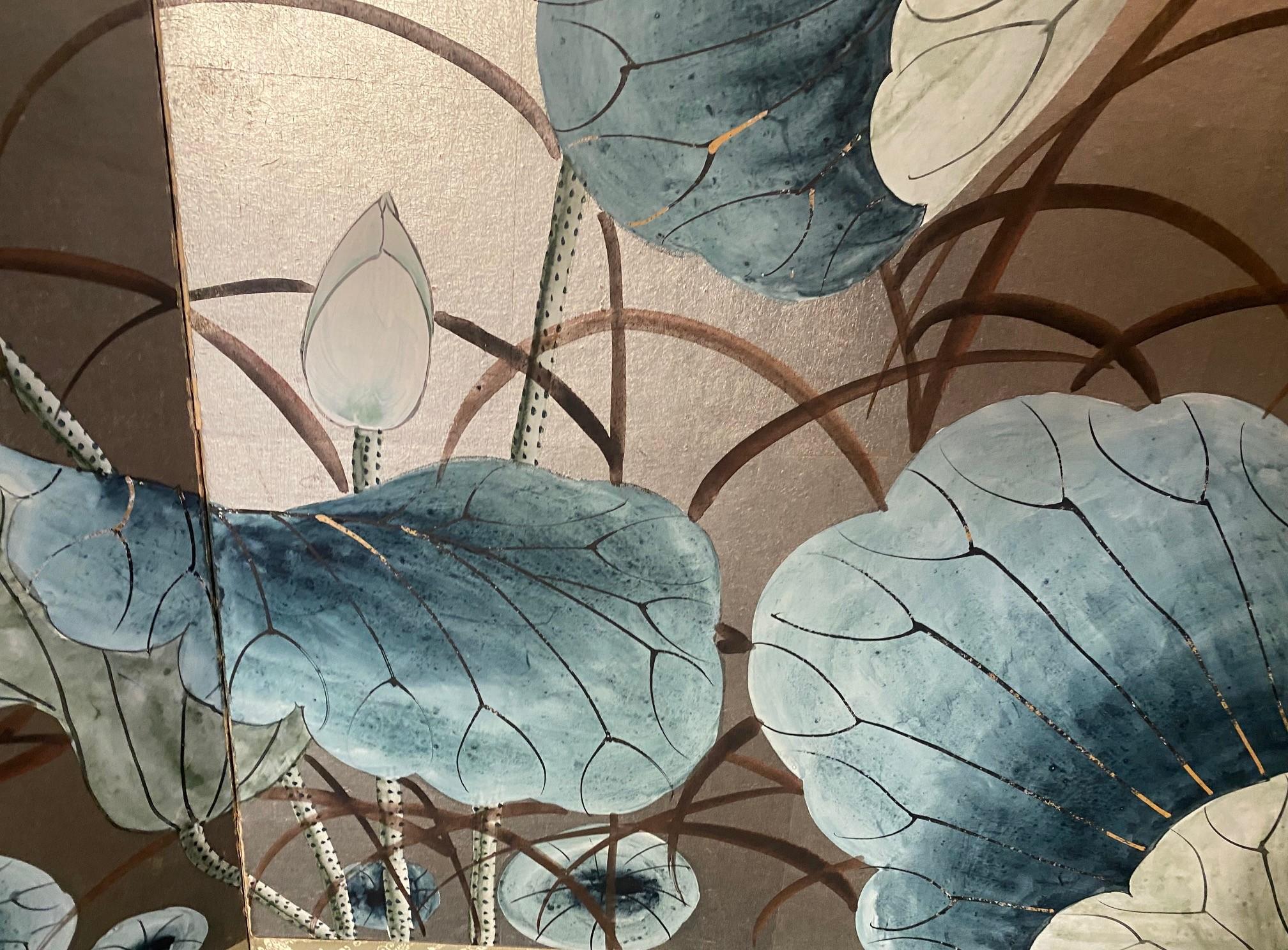 Japanisch Chinesisch Asiatisch 4 Panel Folding Byobu Bildschirm Lotus Blumen Vogel Landschaft im Angebot 6