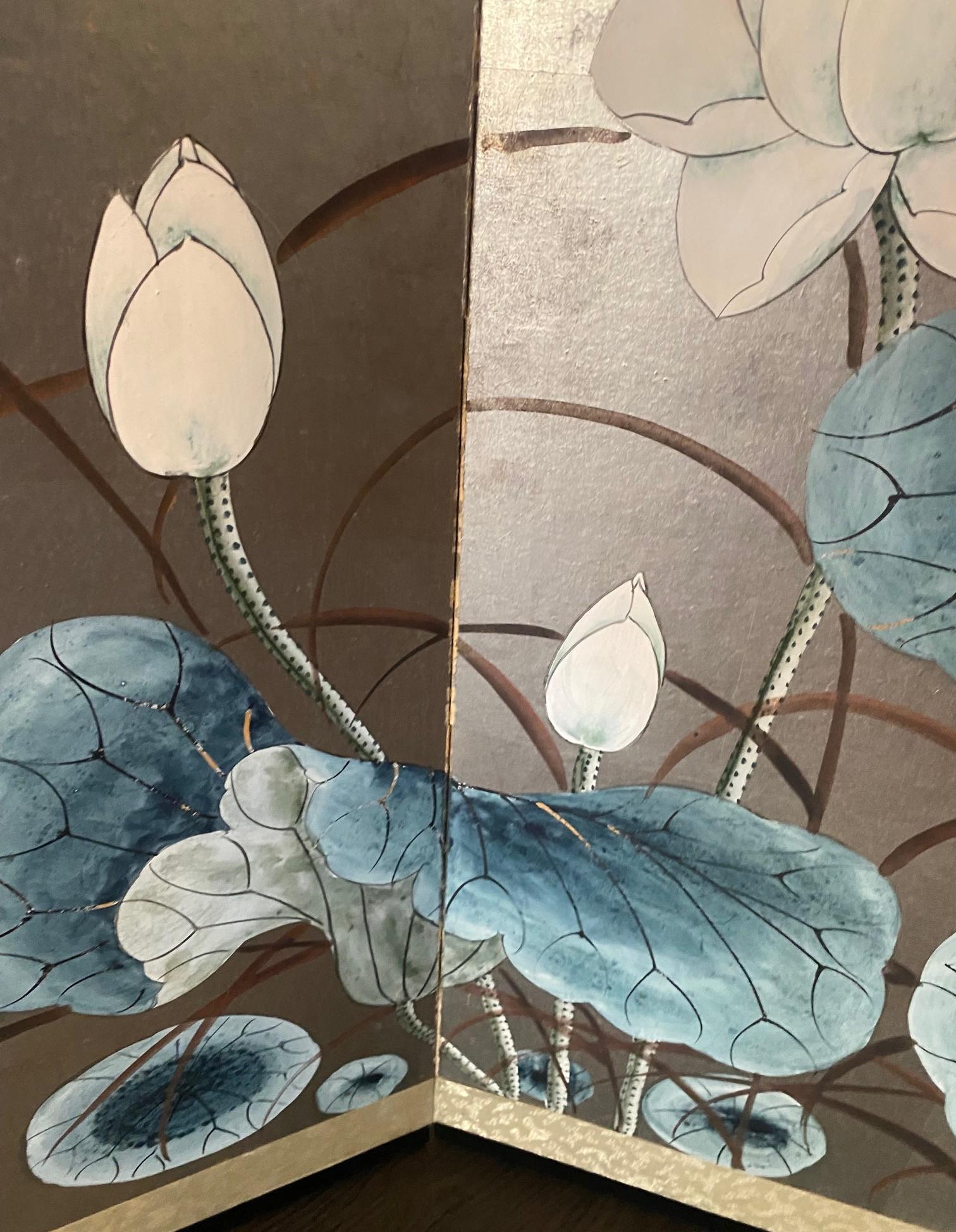 Japanisch Chinesisch Asiatisch 4 Panel Folding Byobu Bildschirm Lotus Blumen Vogel Landschaft im Angebot 7