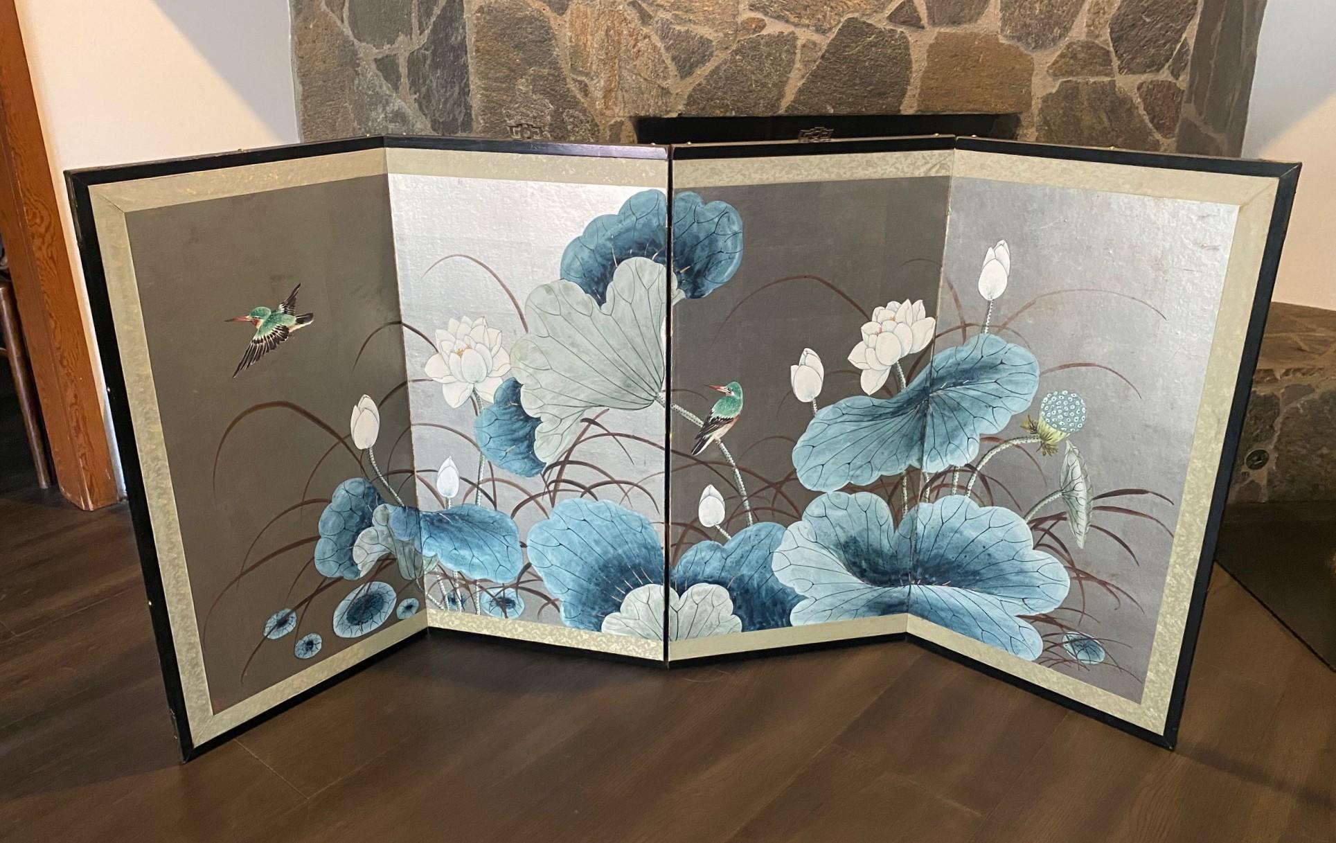Japanisch Chinesisch Asiatisch 4 Panel Folding Byobu Bildschirm Lotus Blumen Vogel Landschaft im Angebot 11