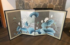 Japanese Chinese Asian 4 Panel Folding Byobu Screen Lotus Flowers Bird Landscape