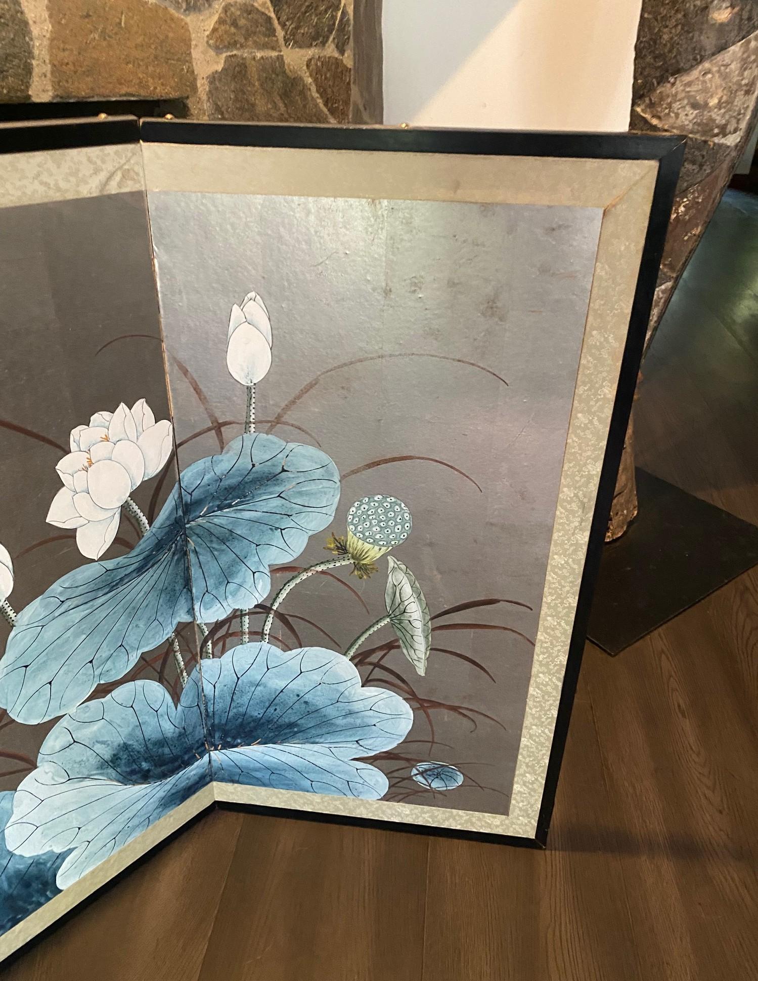 Japanisch Chinesisch Asiatisch 4 Panel Folding Byobu Bildschirm Lotus Blumen Vogel Landschaft (Showa) im Angebot
