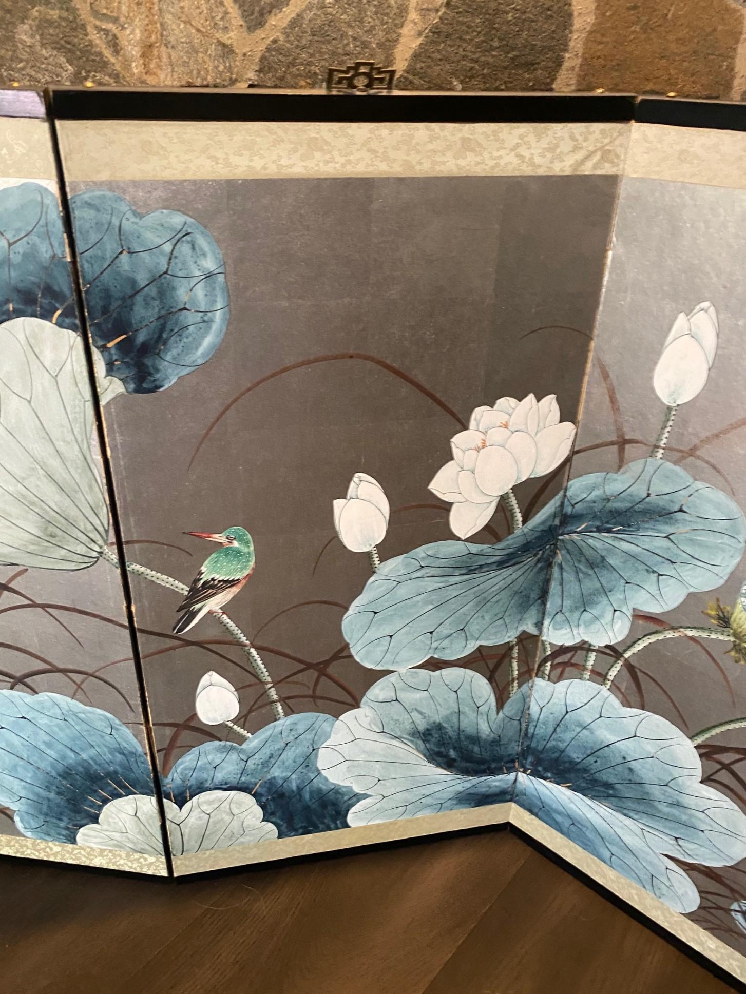 Japanisch Chinesisch Asiatisch 4 Panel Folding Byobu Bildschirm Lotus Blumen Vogel Landschaft (Handgefertigt) im Angebot