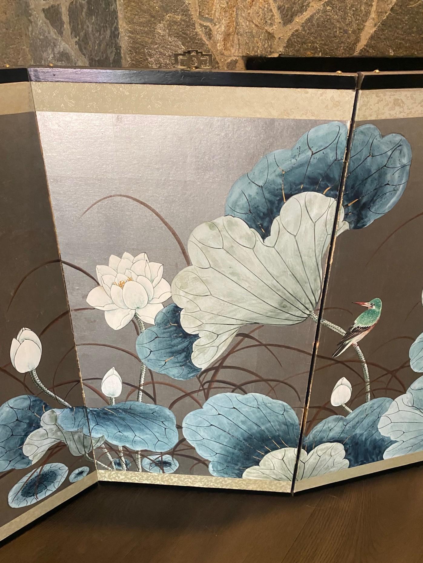 Japanisch Chinesisch Asiatisch 4 Panel Folding Byobu Bildschirm Lotus Blumen Vogel Landschaft im Zustand „Gut“ im Angebot in Studio City, CA