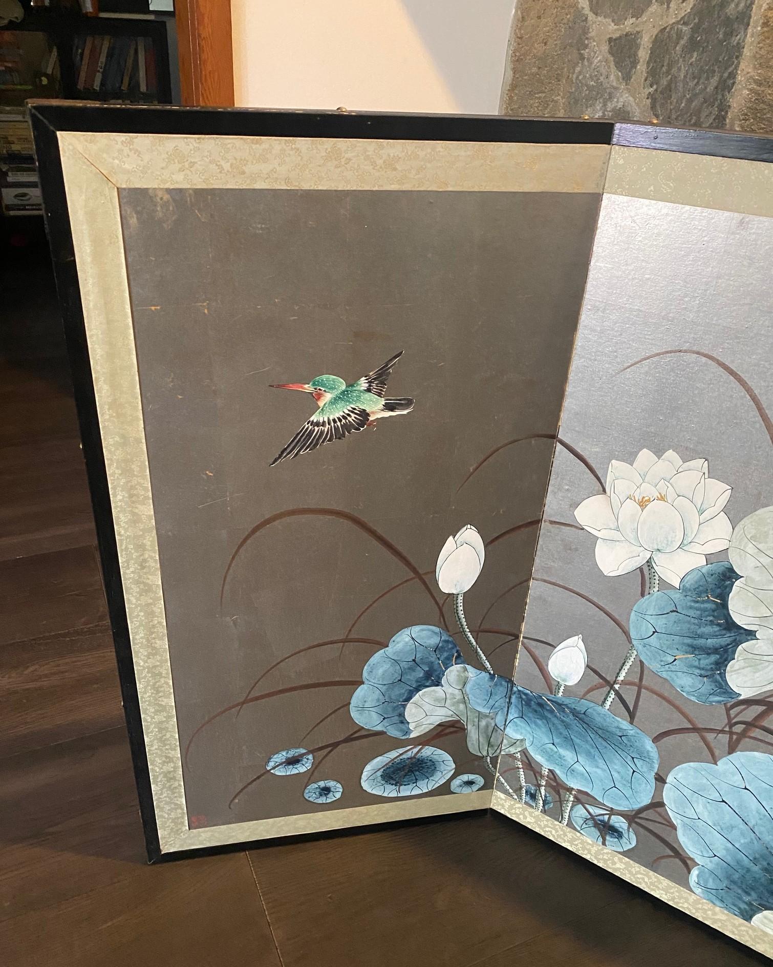 Japanisch Chinesisch Asiatisch 4 Panel Folding Byobu Bildschirm Lotus Blumen Vogel Landschaft (20. Jahrhundert) im Angebot