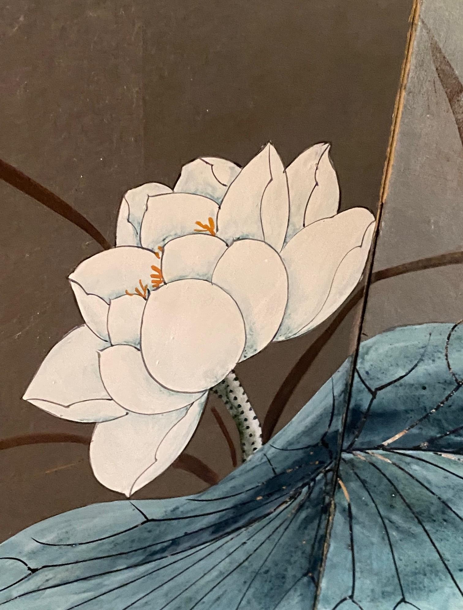 Japanisch Chinesisch Asiatisch 4 Panel Folding Byobu Bildschirm Lotus Blumen Vogel Landschaft im Angebot 2