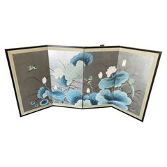 Japanisch Chinesisch Asiatisch 4 Panel Folding Byobu Bildschirm Lotus Blumen Vogel Landschaft