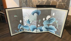 Japanisch Chinesisch Asiatisch 4 Panel Folding Byobu Bildschirm Lotus Blumen Vogel Landschaft