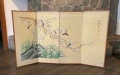 Japanese Chinese Asian 4 Panel Folding Byobu Screen Playful Birds Cherry Blossum