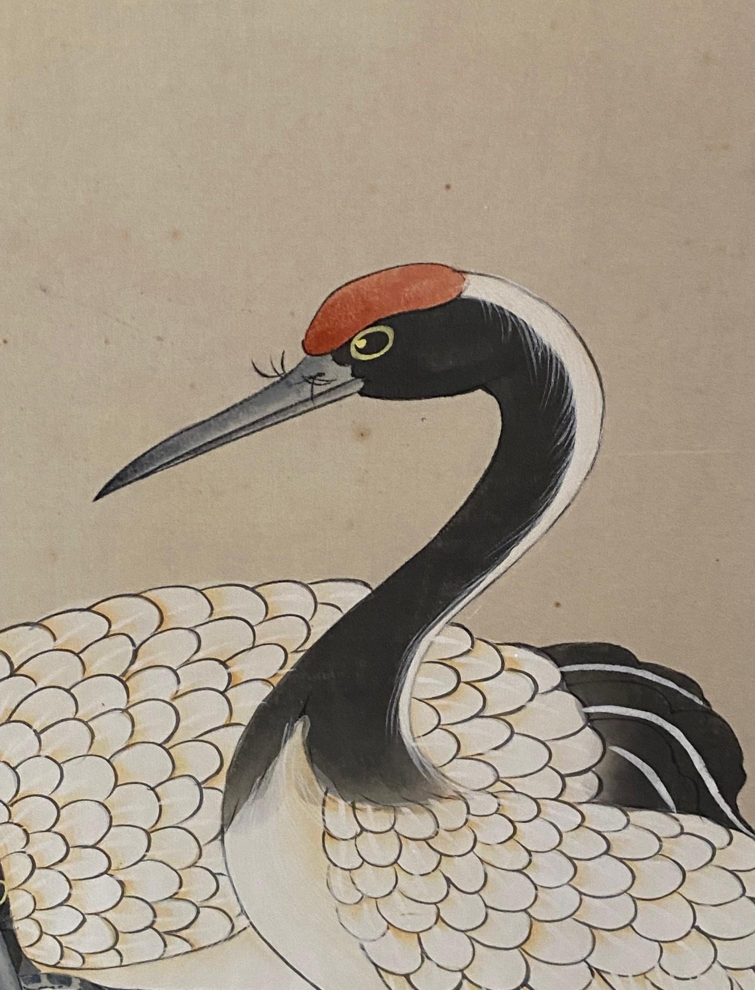 Paravent asiatique japonais à 4 panneaux pliants Byobu Grue couronnée rouge Paysage en vente 2