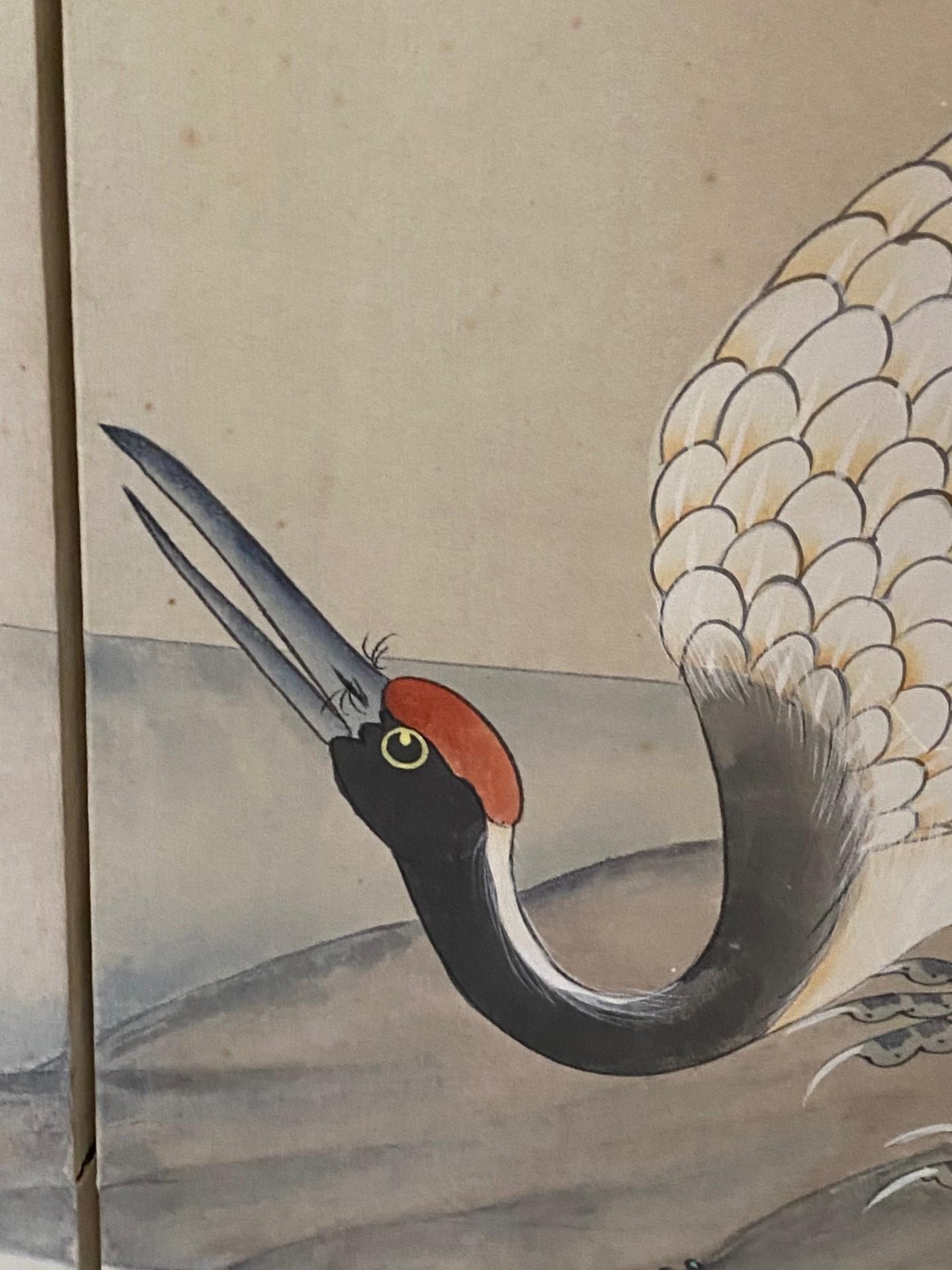 Paravent asiatique japonais à 4 panneaux pliants Byobu Grue couronnée rouge Paysage en vente 4