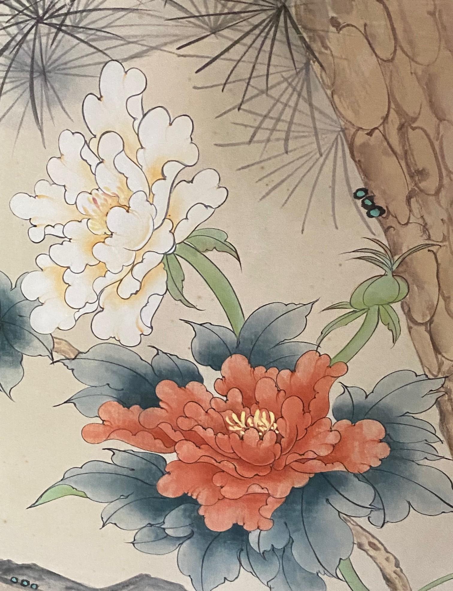 Paravent asiatique japonais à 4 panneaux pliants Byobu Grue couronnée rouge Paysage en vente 5