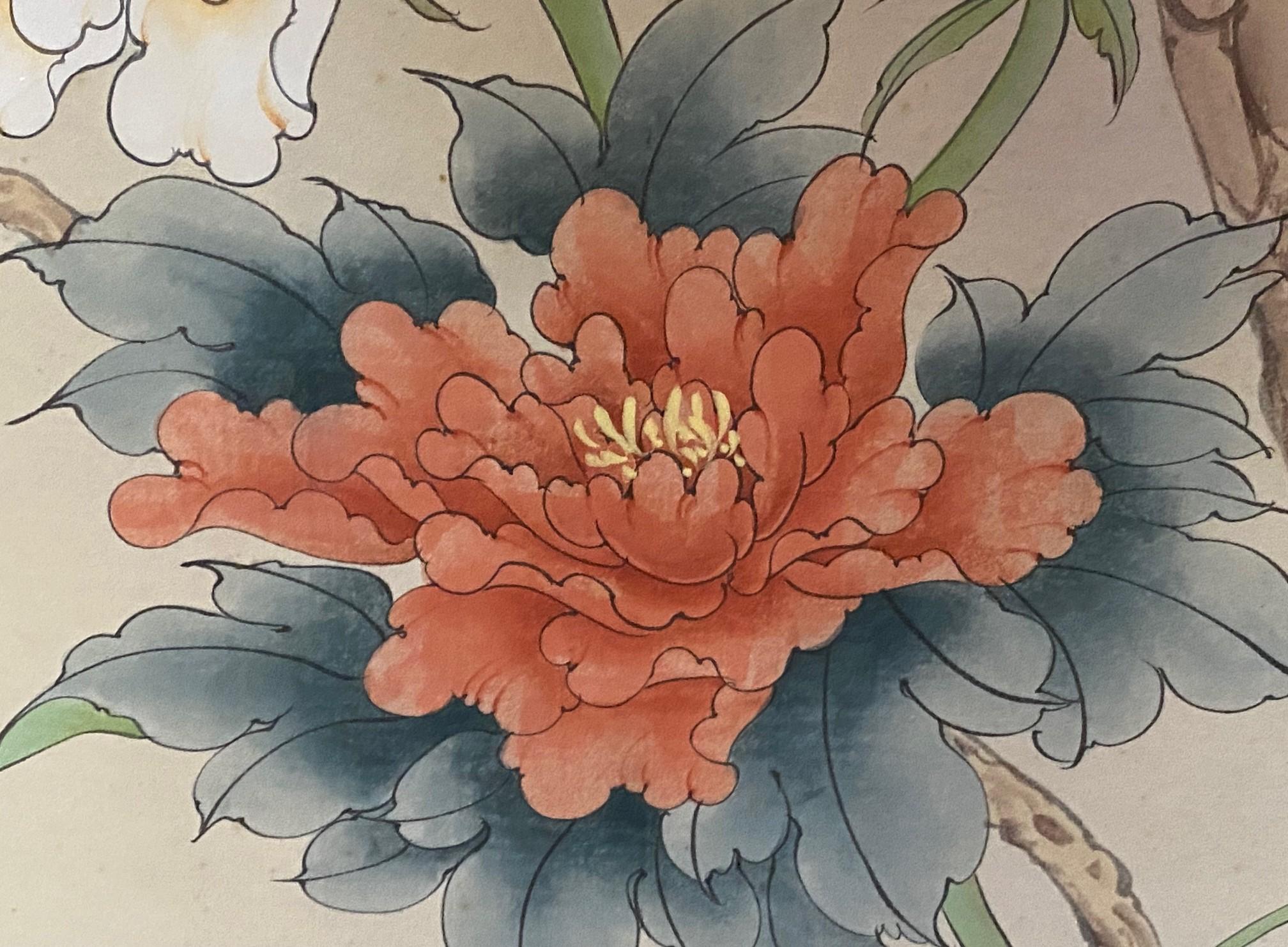 Paravent asiatique japonais à 4 panneaux pliants Byobu Grue couronnée rouge Paysage en vente 6
