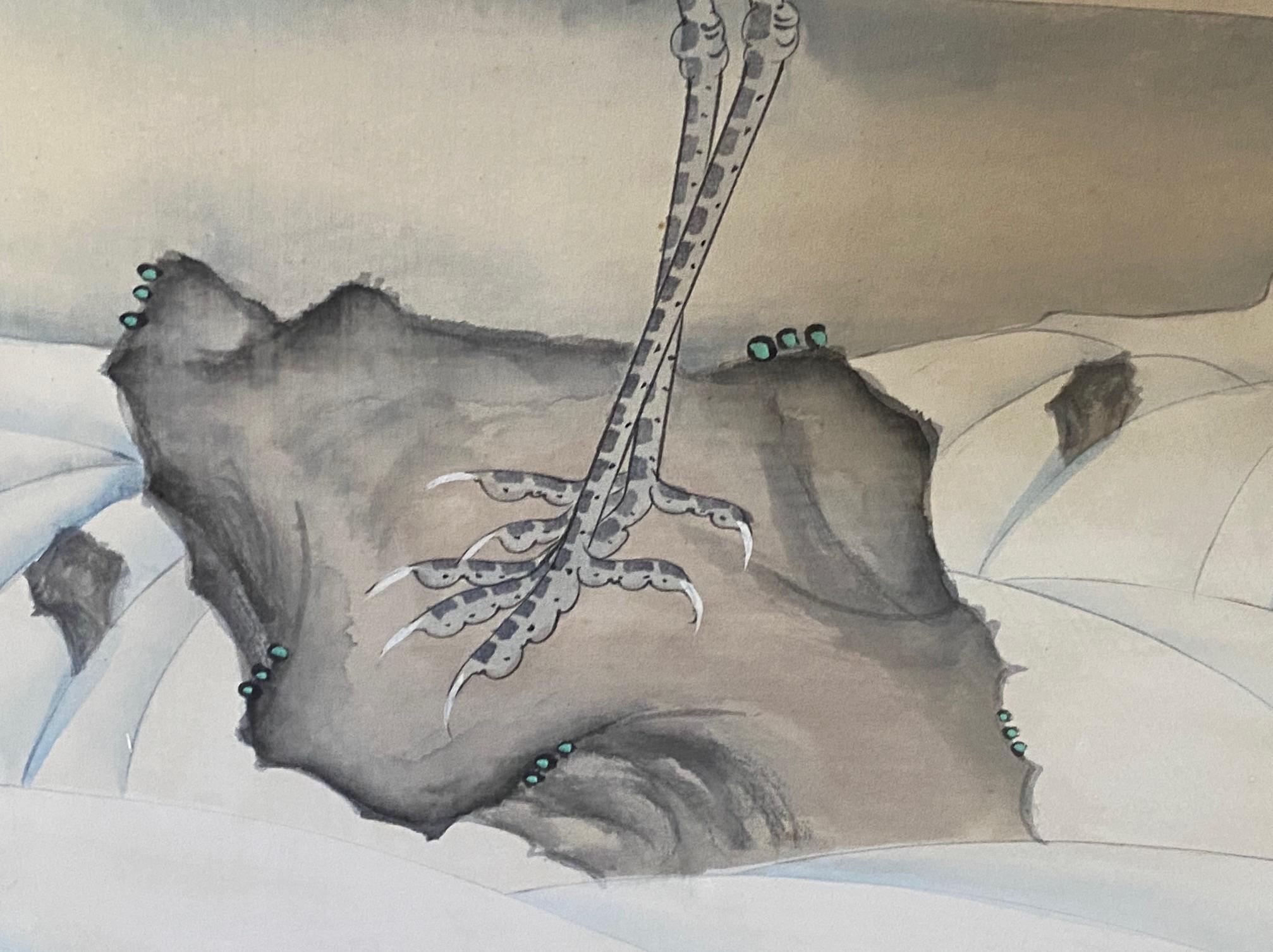 Paravent asiatique japonais à 4 panneaux pliants Byobu Grue couronnée rouge Paysage en vente 8