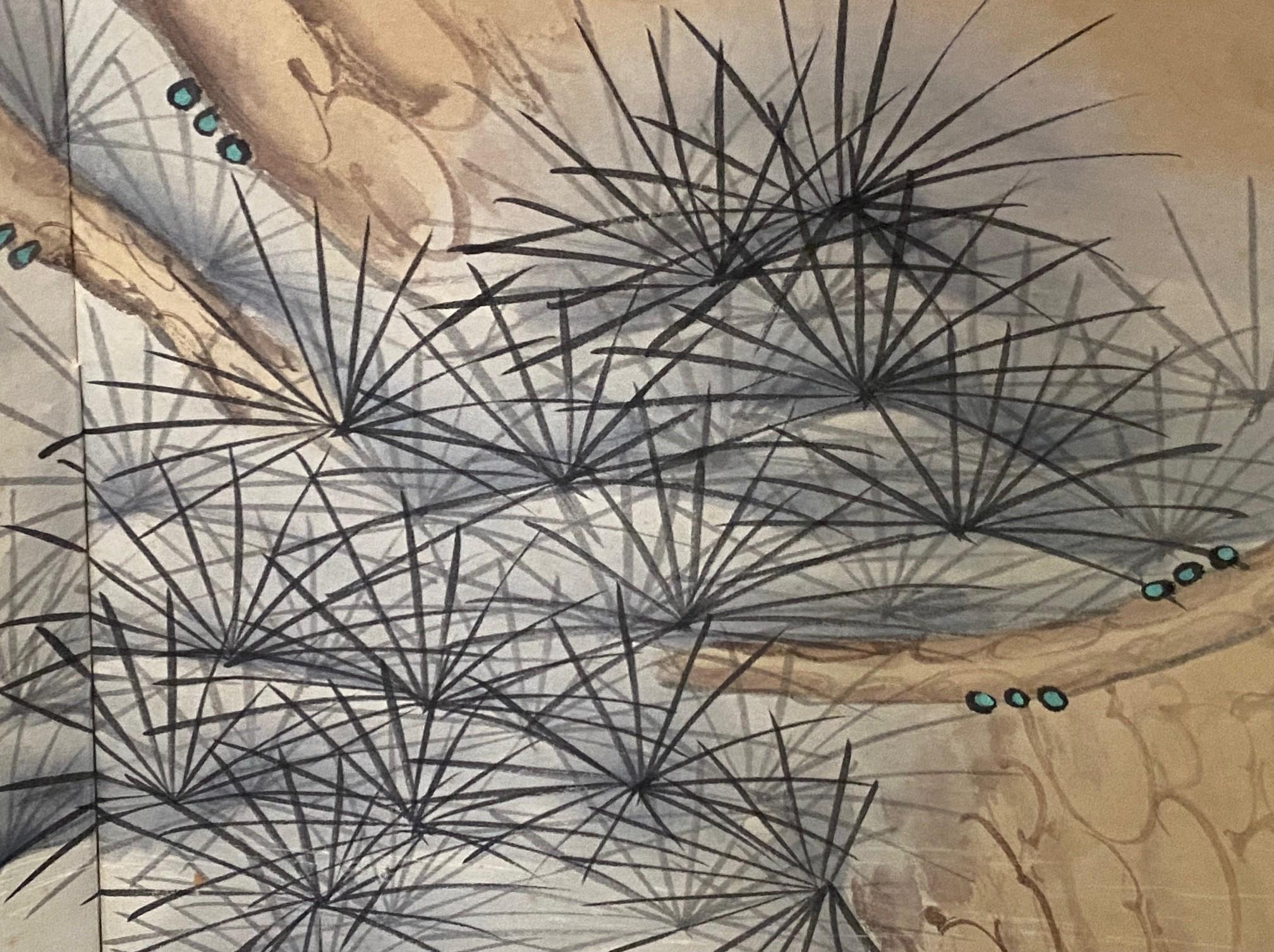 Paravent asiatique japonais à 4 panneaux pliants Byobu Grue couronnée rouge Paysage en vente 9