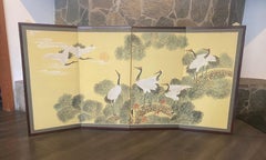 Japanese Chinese Asian 4 Panel Folding Byobu Screen Red Crowned Crane Landscape