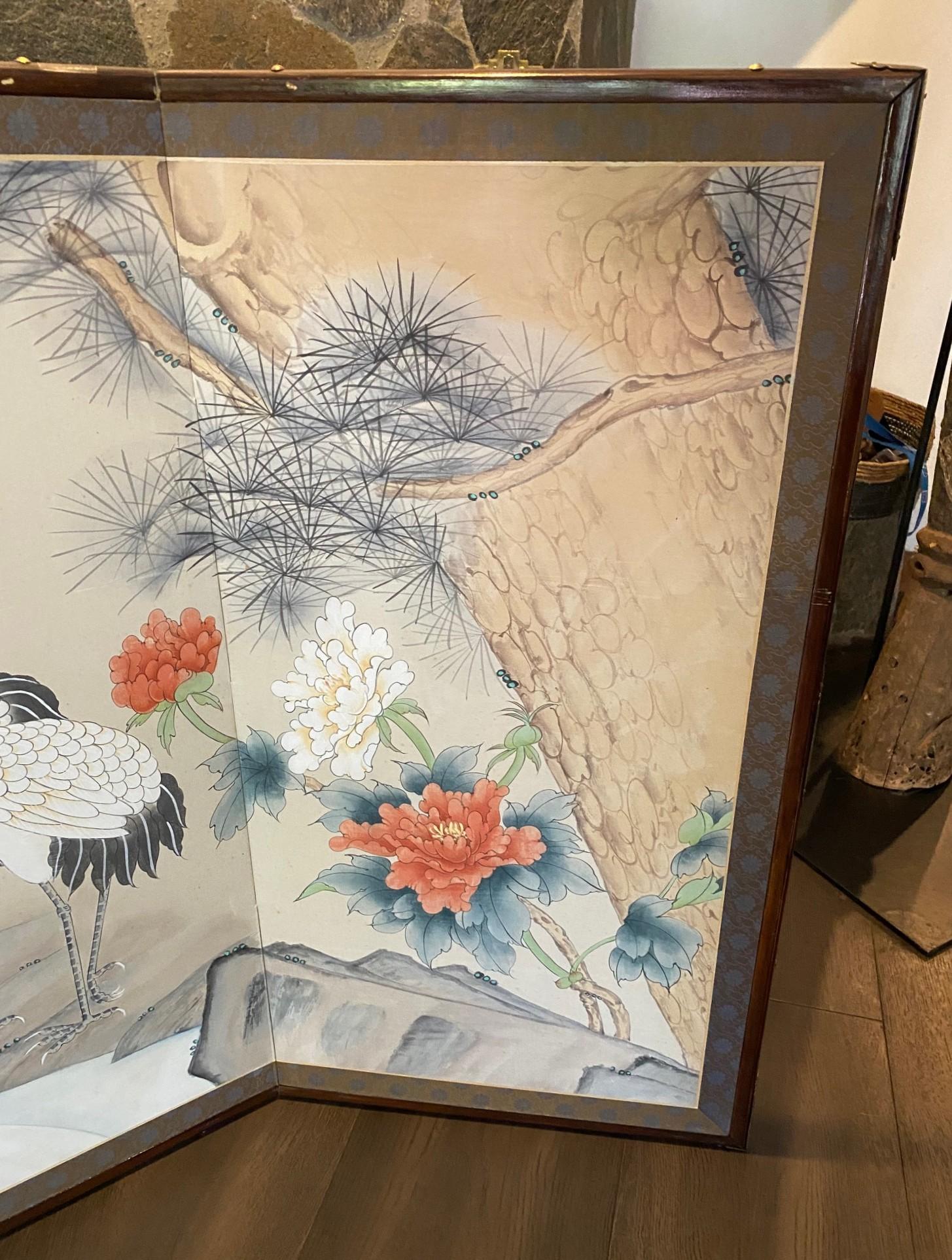 Showa Paravent asiatique japonais à 4 panneaux pliants Byobu Grue couronnée rouge Paysage en vente