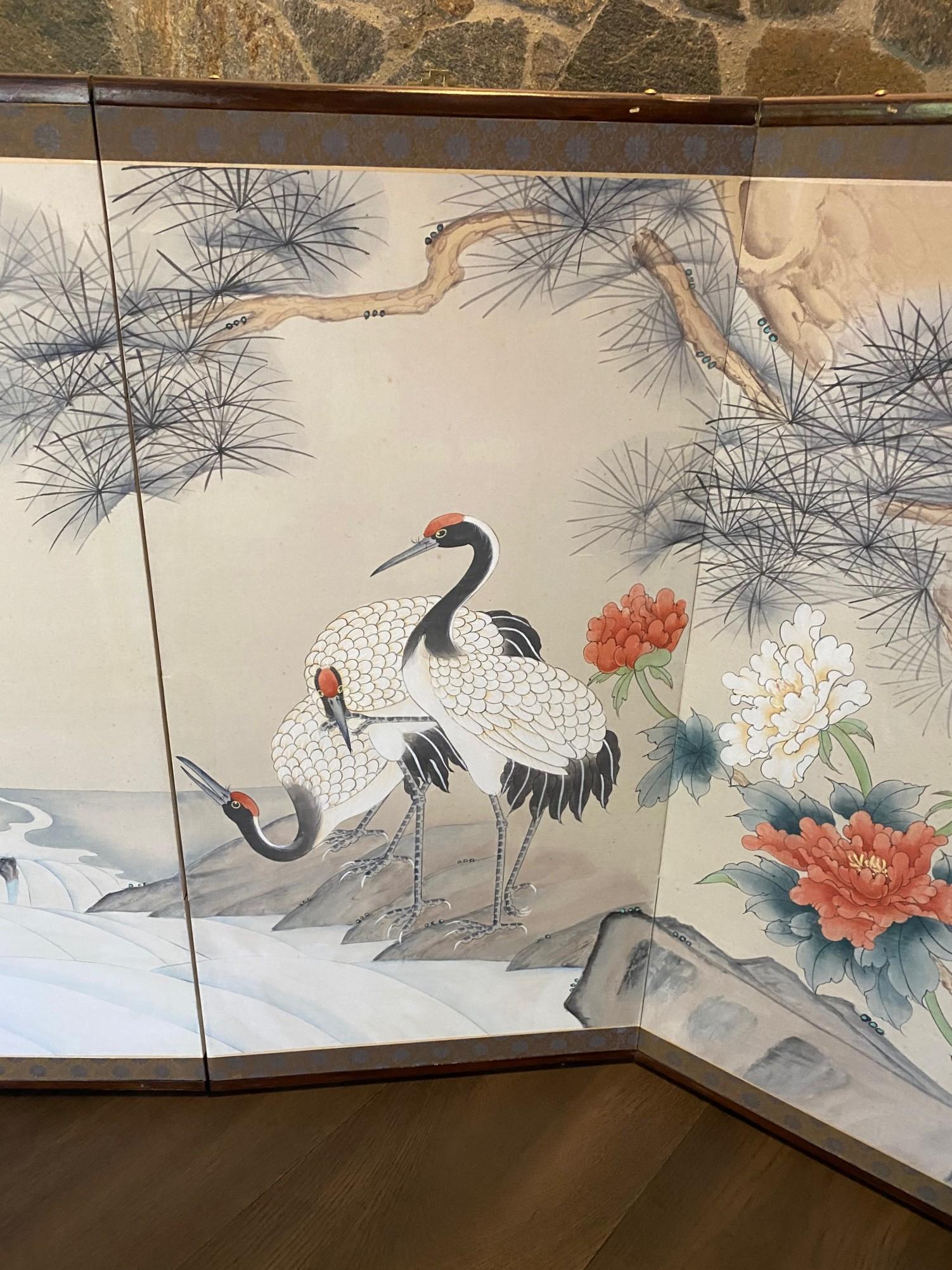 Japonais Paravent asiatique japonais à 4 panneaux pliants Byobu Grue couronnée rouge Paysage en vente