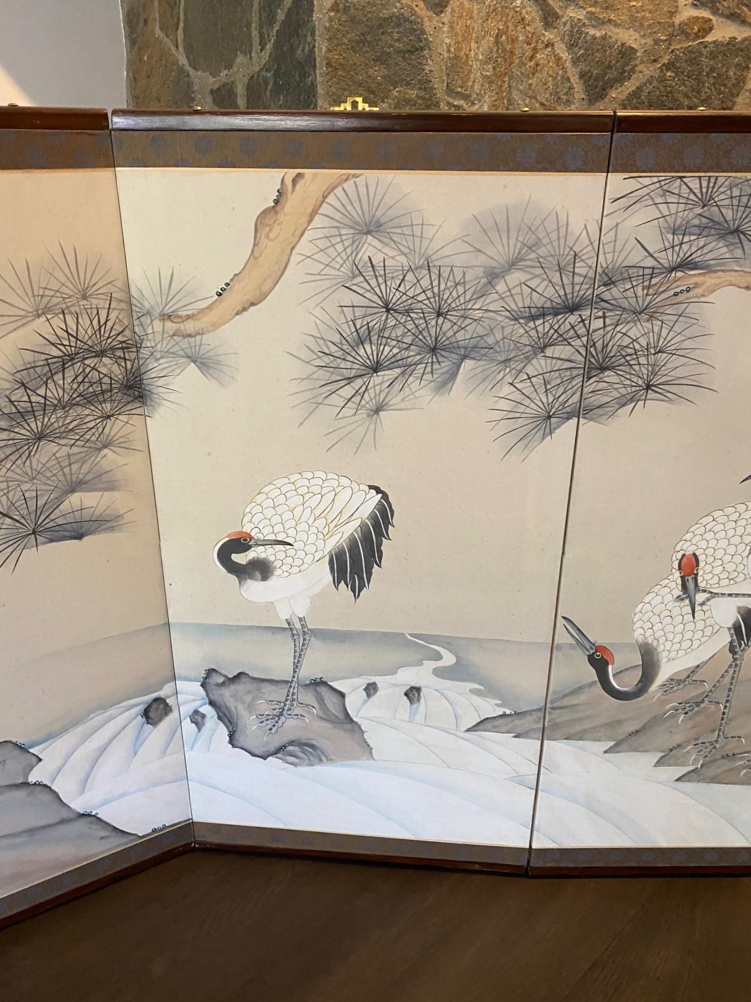 Peint à la main Paravent asiatique japonais à 4 panneaux pliants Byobu Grue couronnée rouge Paysage en vente