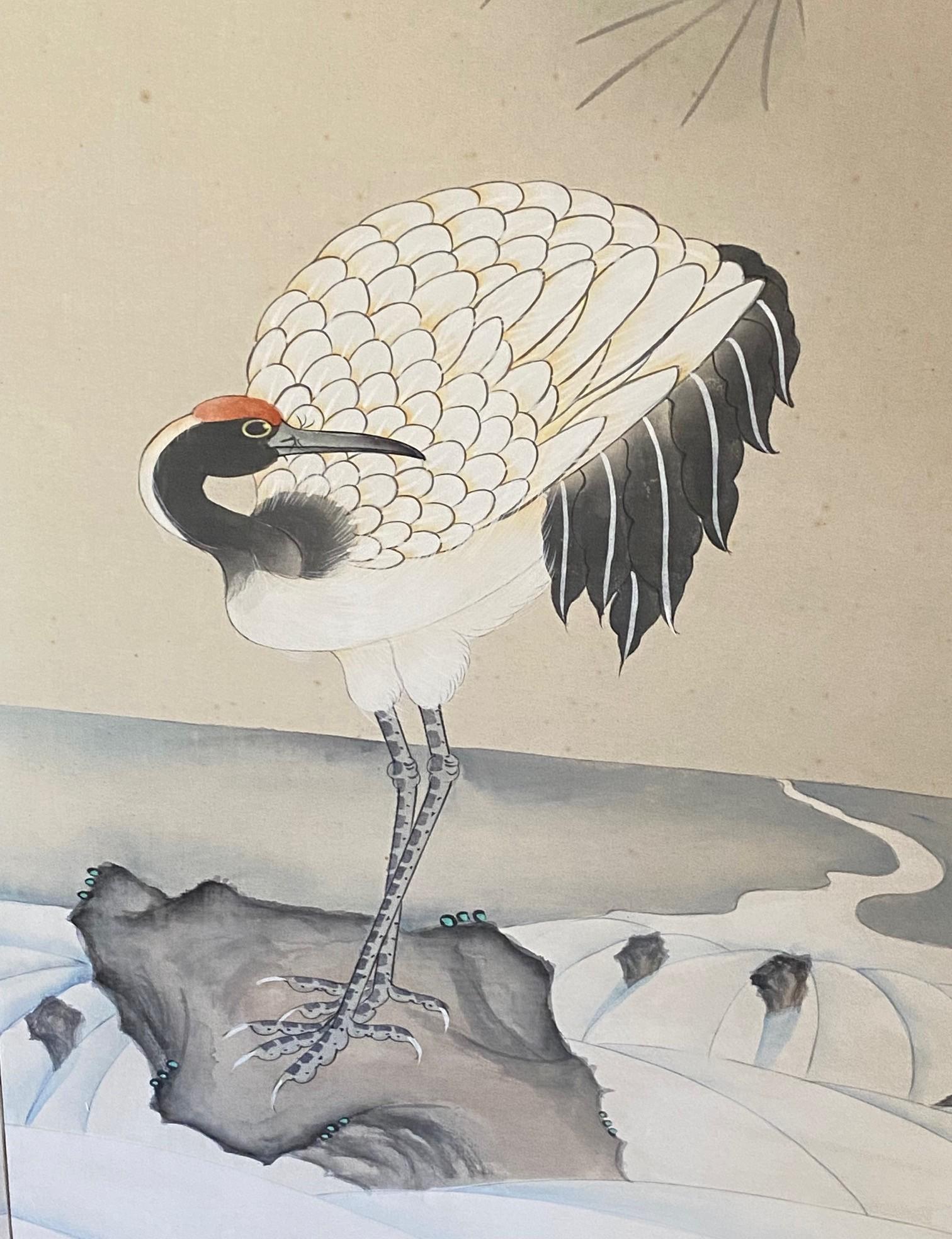 20ième siècle Paravent asiatique japonais à 4 panneaux pliants Byobu Grue couronnée rouge Paysage en vente