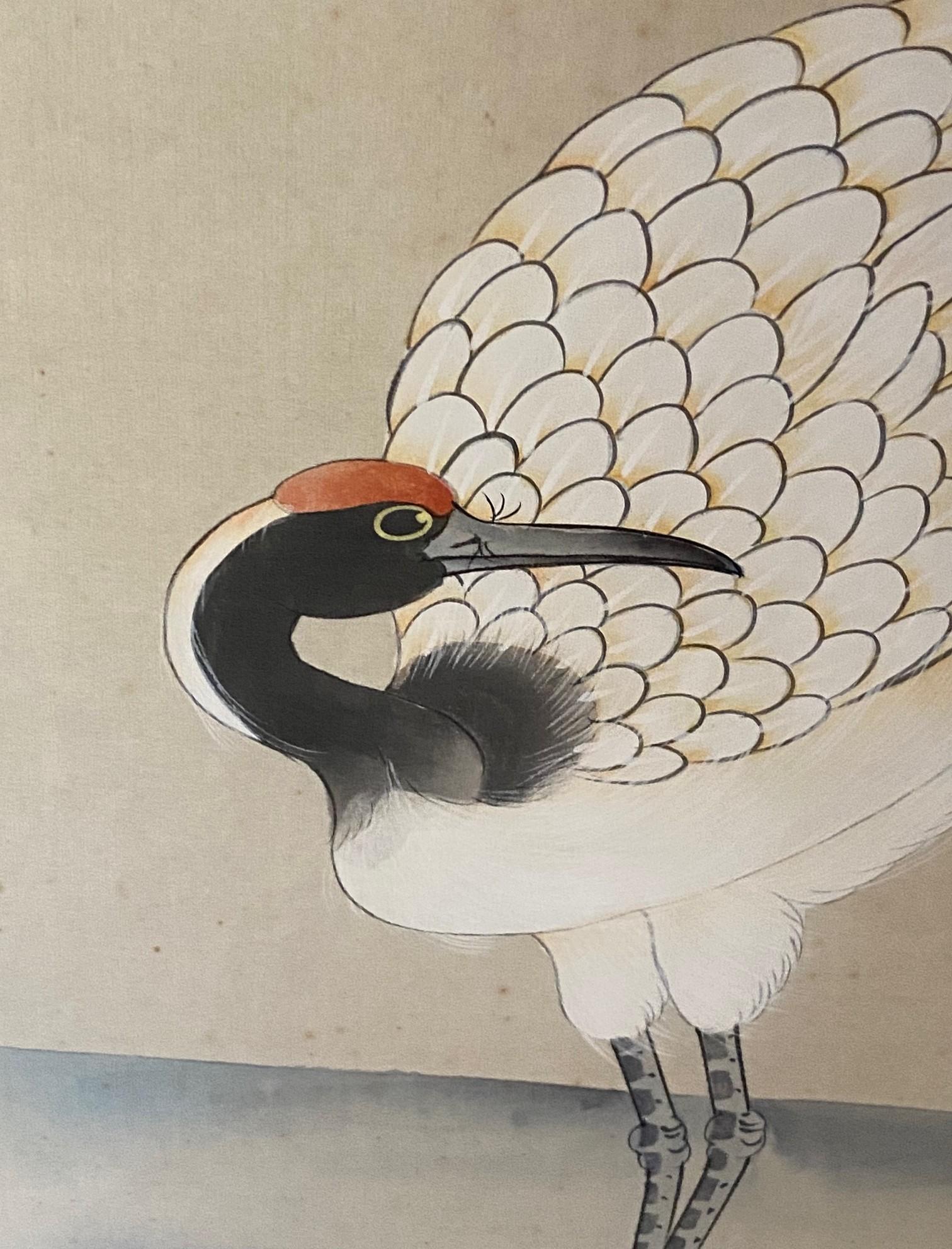 Bois Paravent asiatique japonais à 4 panneaux pliants Byobu Grue couronnée rouge Paysage en vente