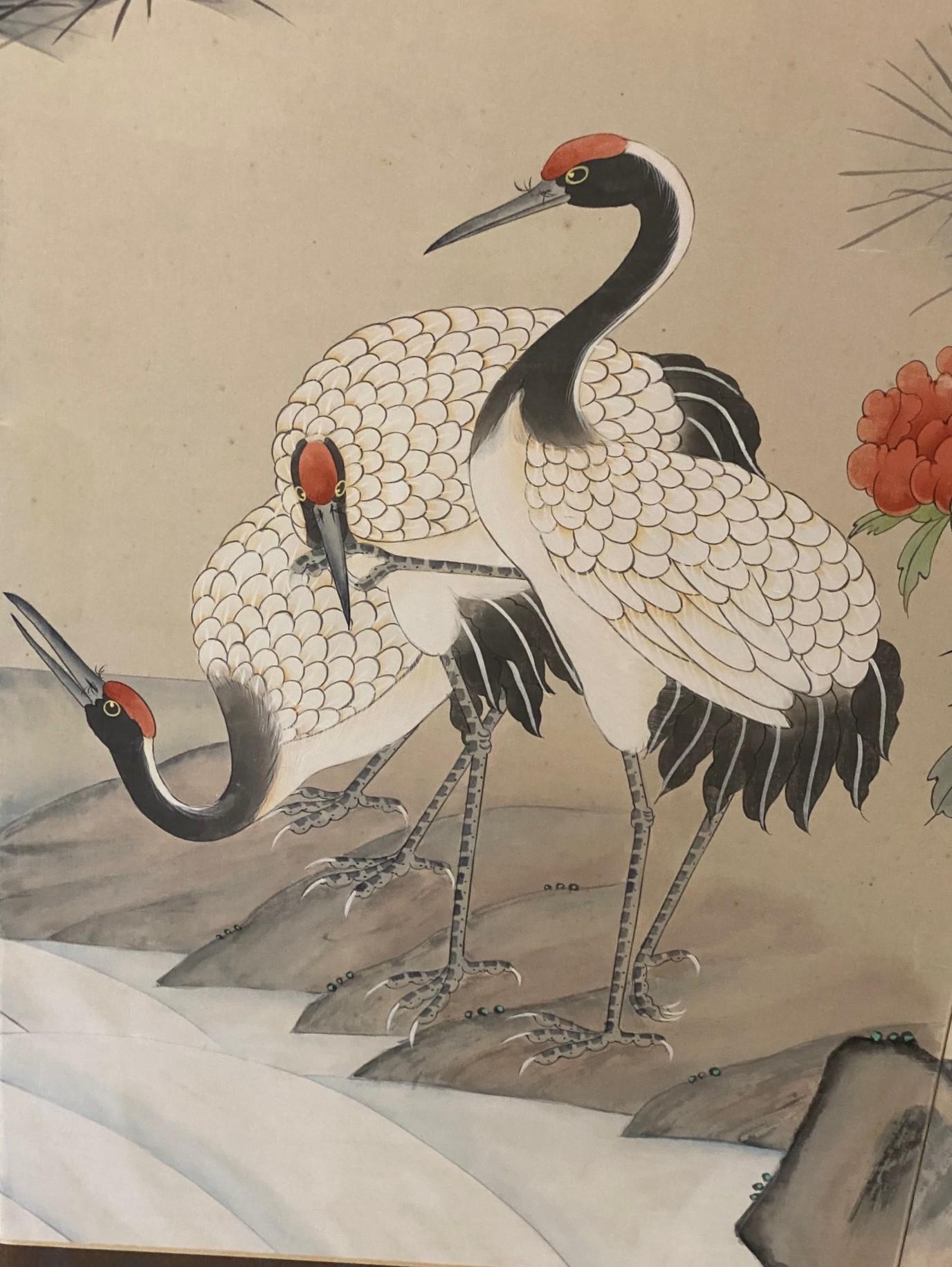 Paravent asiatique japonais à 4 panneaux pliants Byobu Grue couronnée rouge Paysage en vente 1