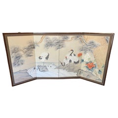Japanese Chinese Asian 4 Panel Folding Byobu Screen Red Crowned Crane Landscape
