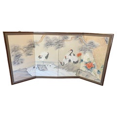 Paravent asiatique japonais à 4 panneaux pliants Byobu Grue couronnée rouge Paysage