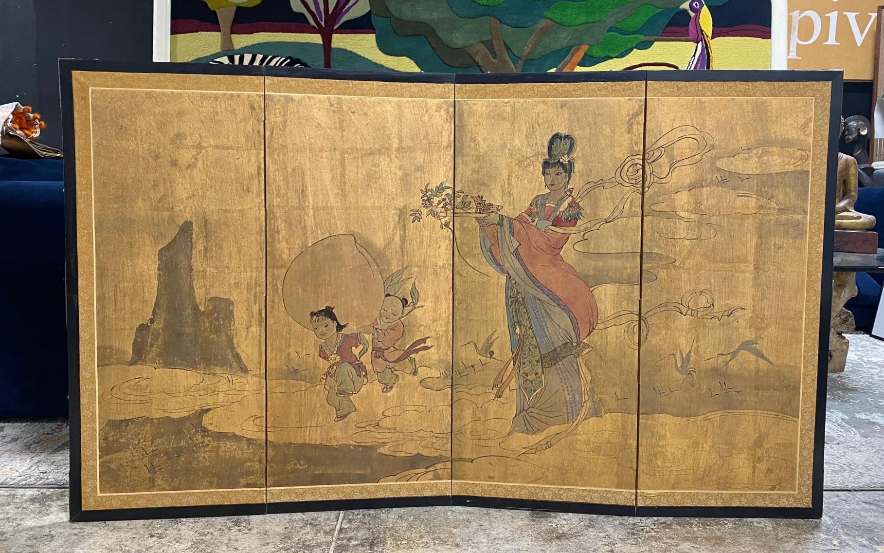 A gorgeous hand-painted four-panel Japanese-style Byobu folding screen depicting a landscape scene with a mother who is apparently on her way to a feast or ceremony carrying a tray of flowers and perhaps tea while her accompanying children seem to