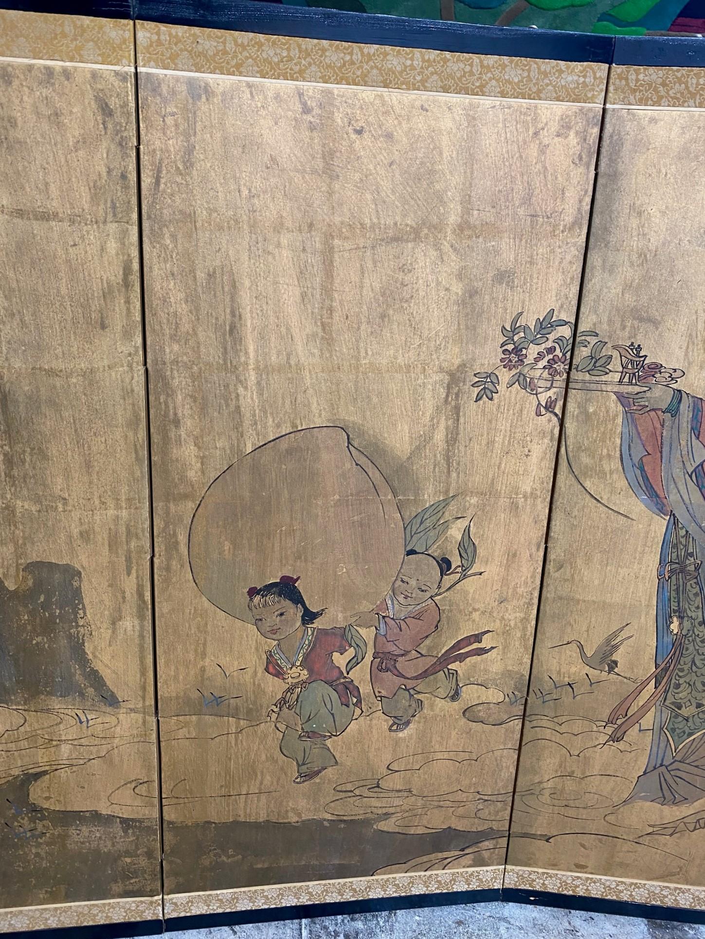 Japanese Chinese Asian Four-Panel Byobu Folding Screen Landscape with Children In Good Condition For Sale In Studio City, CA