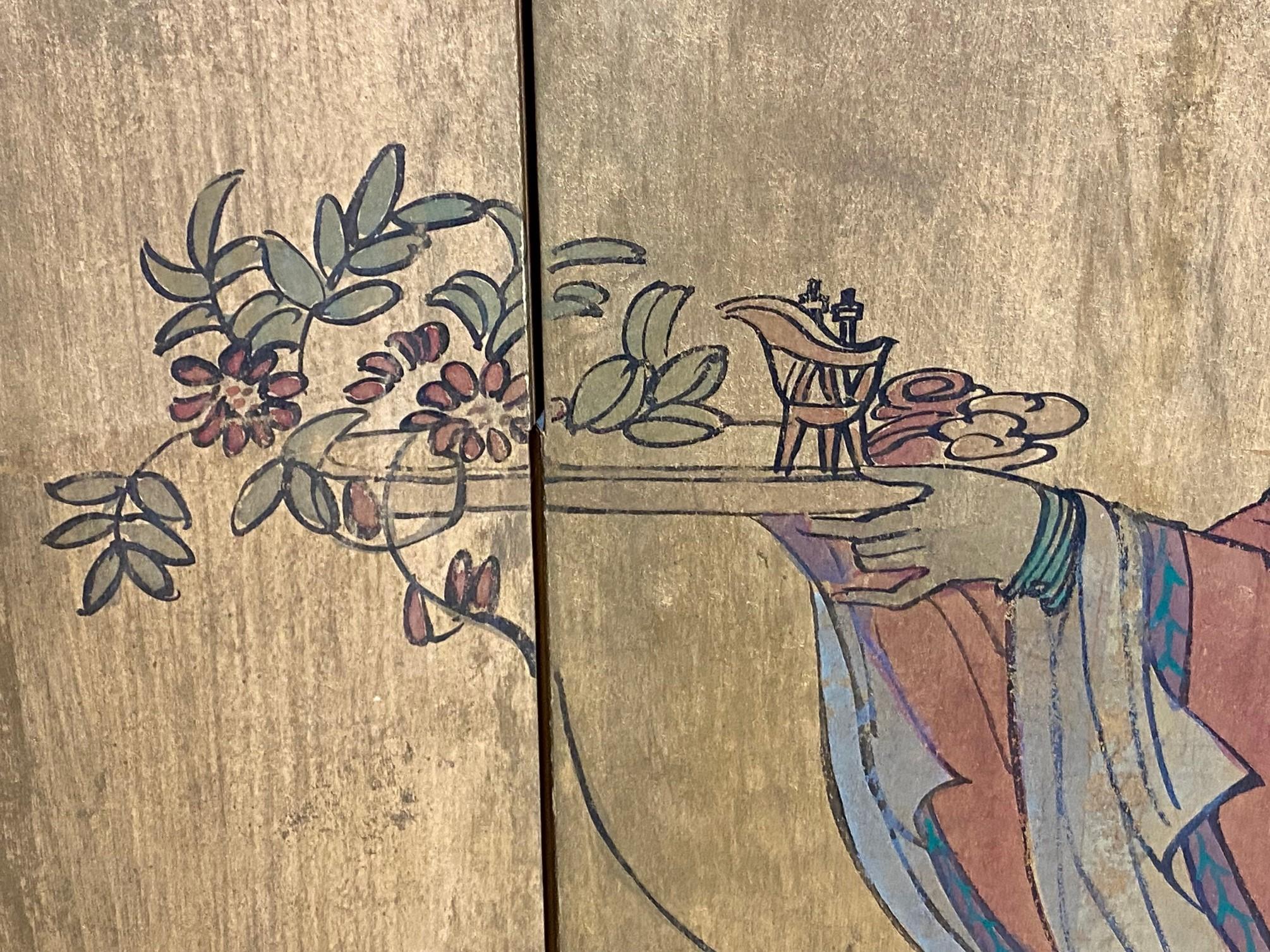 Japanese Chinese Asian Four-Panel Byobu Folding Screen Landscape with Children For Sale 3