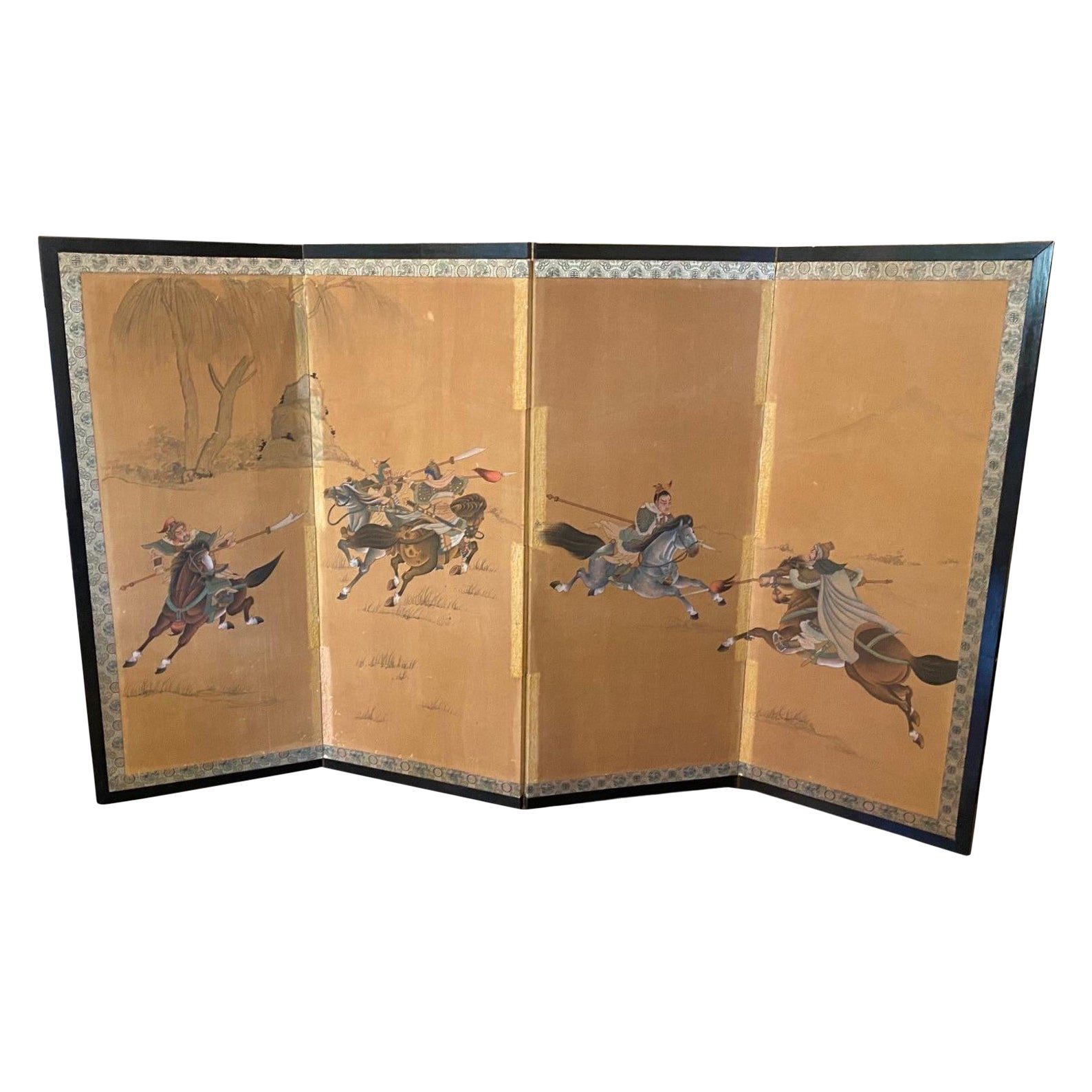 Japanese Chinese Asian Four Panel Folding Byobu Screen Samurai Warriors Battle