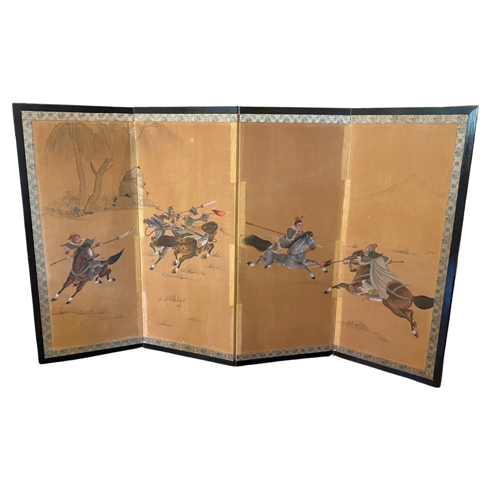 Japanese Chinese Asian Four Panel Folding Byobu Screen Samurai Warriors Battle For Sale