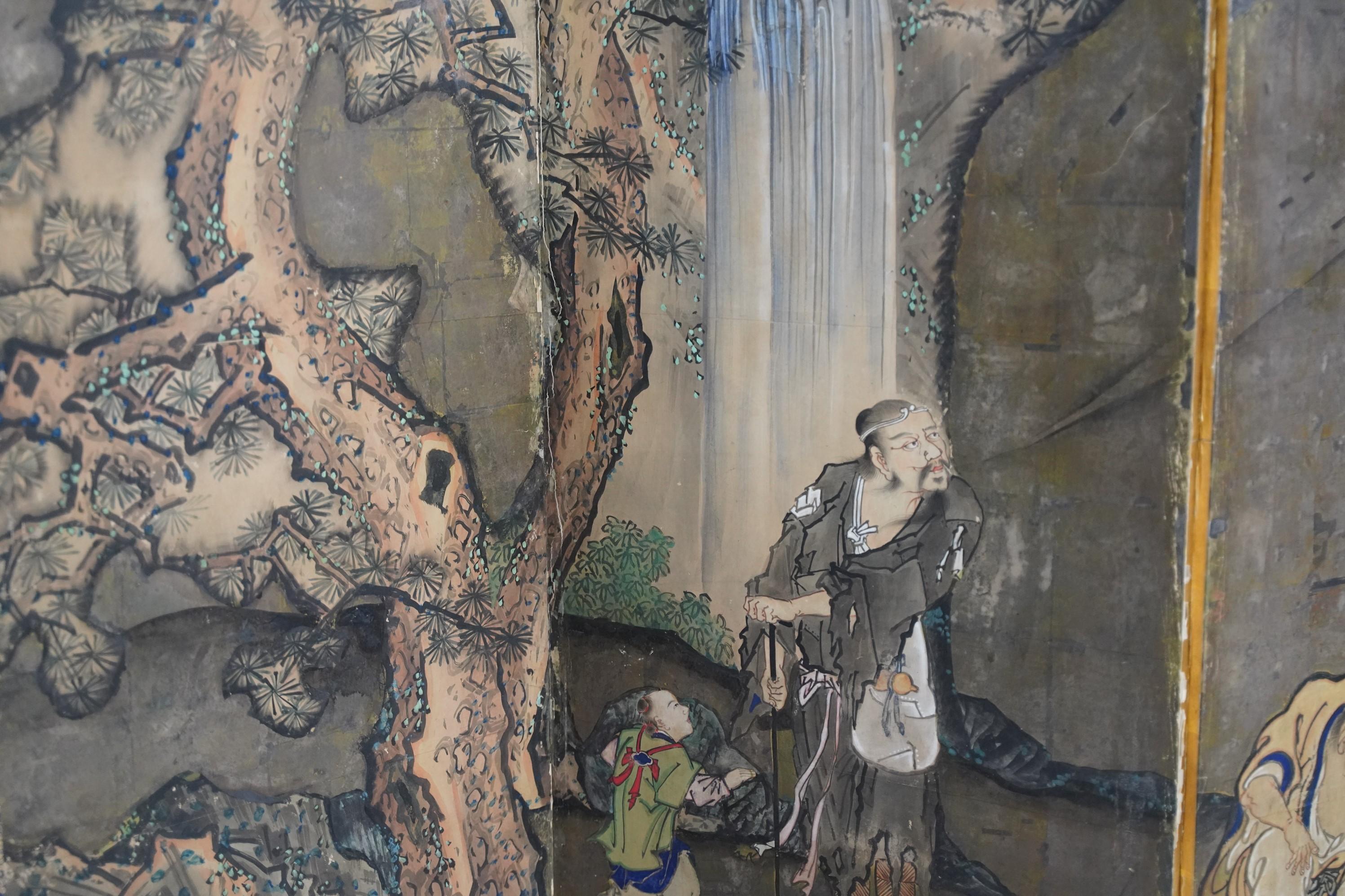 A gorgeous, strangely beautiful, unusually engaging, and alluring hand-painted large six-panel Japanese/Asian Byobu folding screen depicting an almost magical/ mythical nature scene with flowing waterfalls, crashing ocean waves, and a blackened