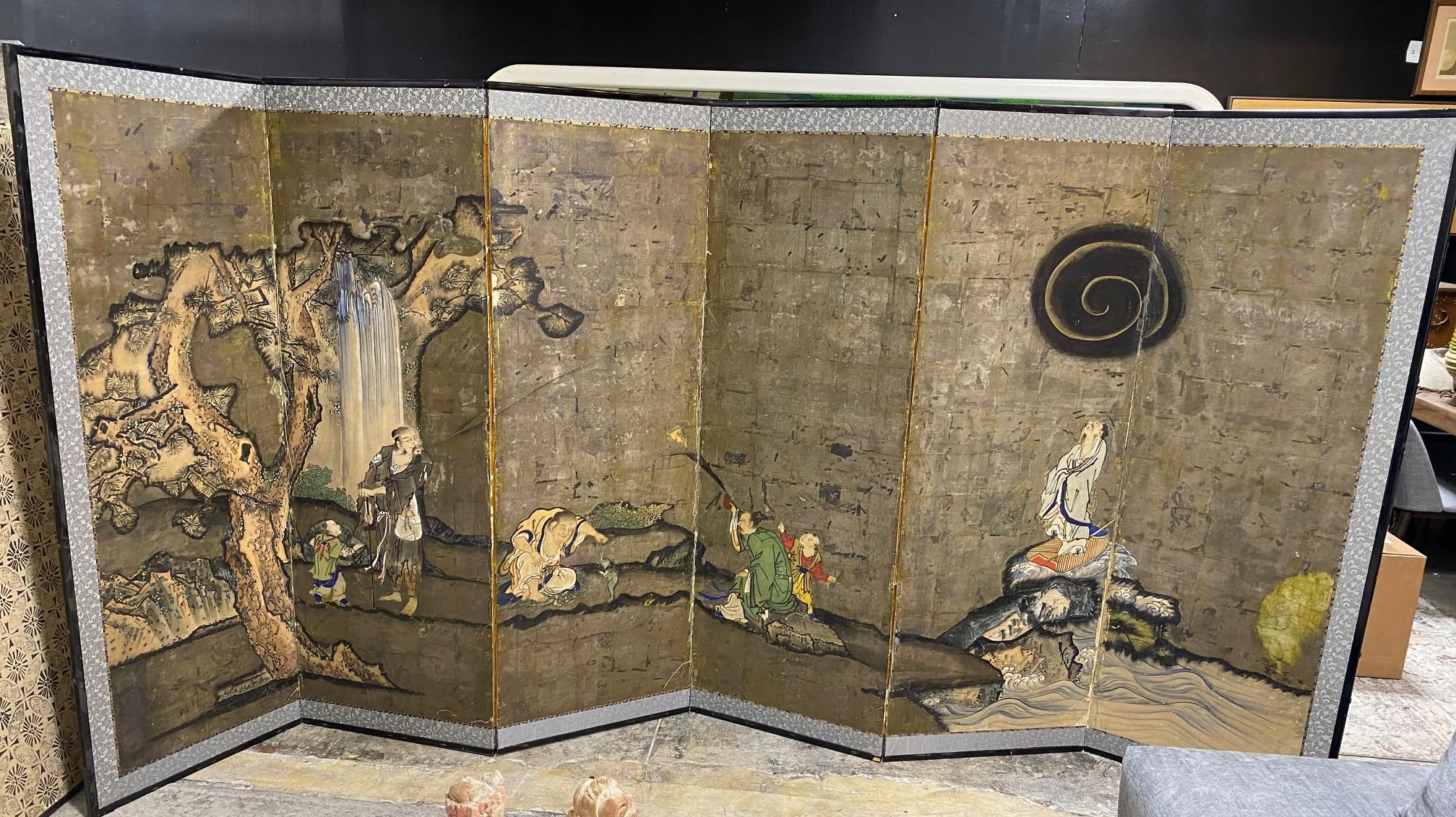 Japanese Chinese Asian Large Six-Panel Folding Byobu Screen Mythical Lanscape For Sale 13