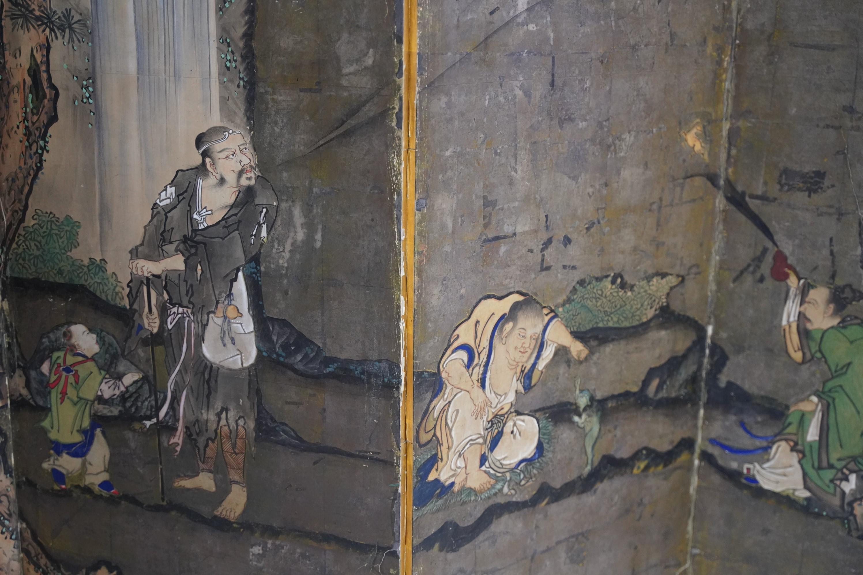 Hand-Painted Japanese Chinese Asian Large Six-Panel Folding Byobu Screen Mythical Landscape For Sale