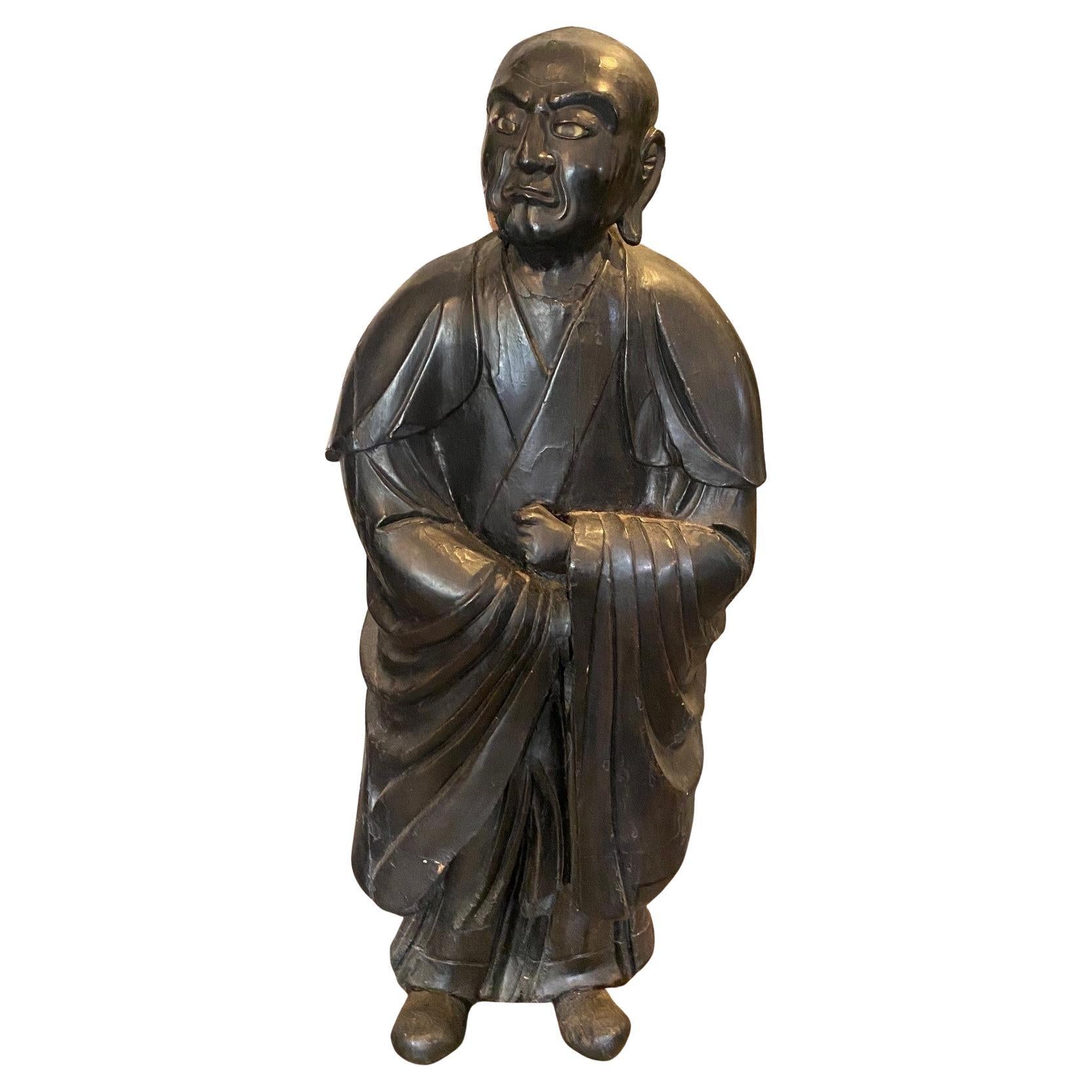 Japanese Chinese Asian Large Wood Carved Buddhist Monk Priest Statue Sculpture For Sale