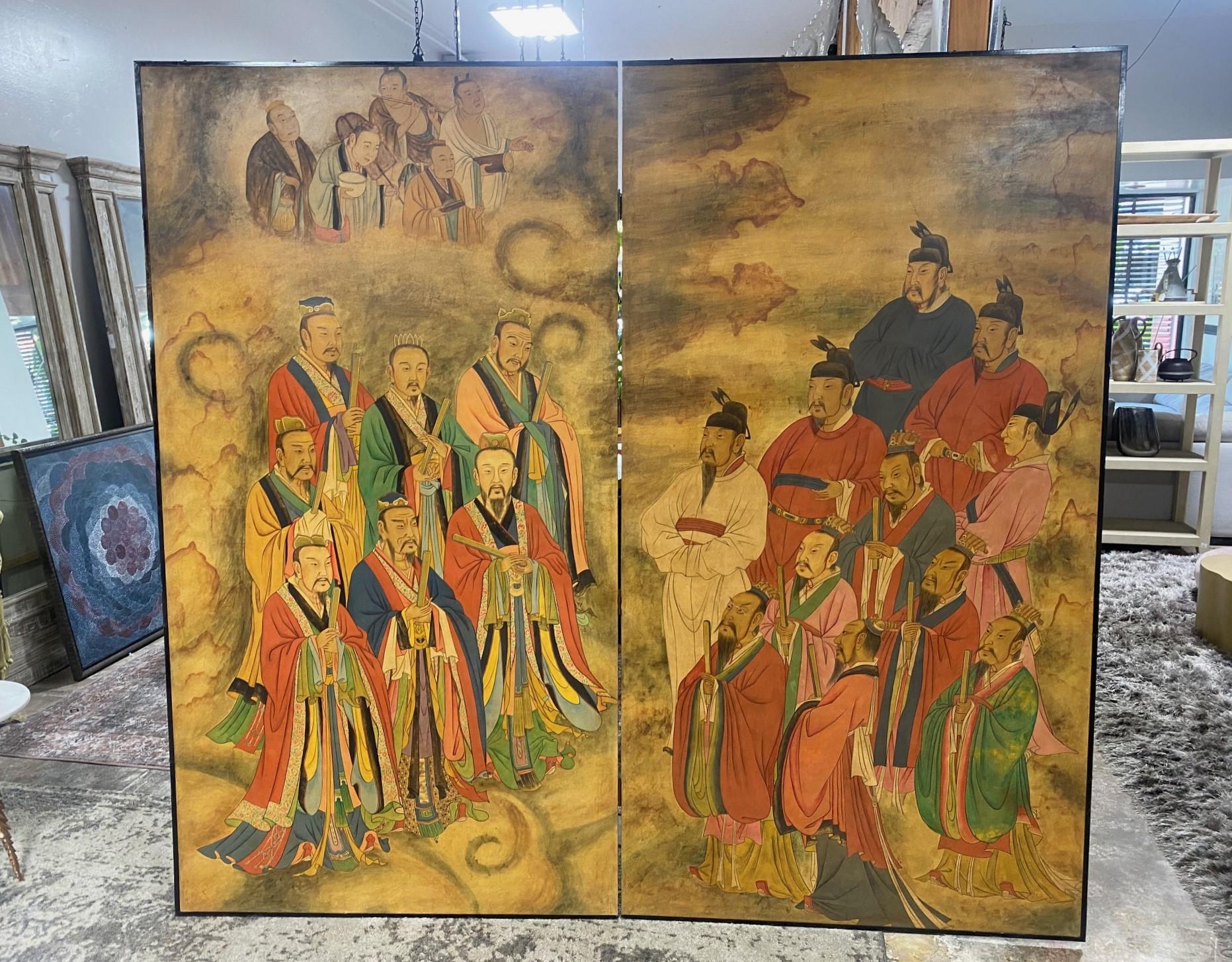 Japanese Chinese Asian Two-Panel Byobu Folding Screen Ancestral Immortal Figures For Sale 12