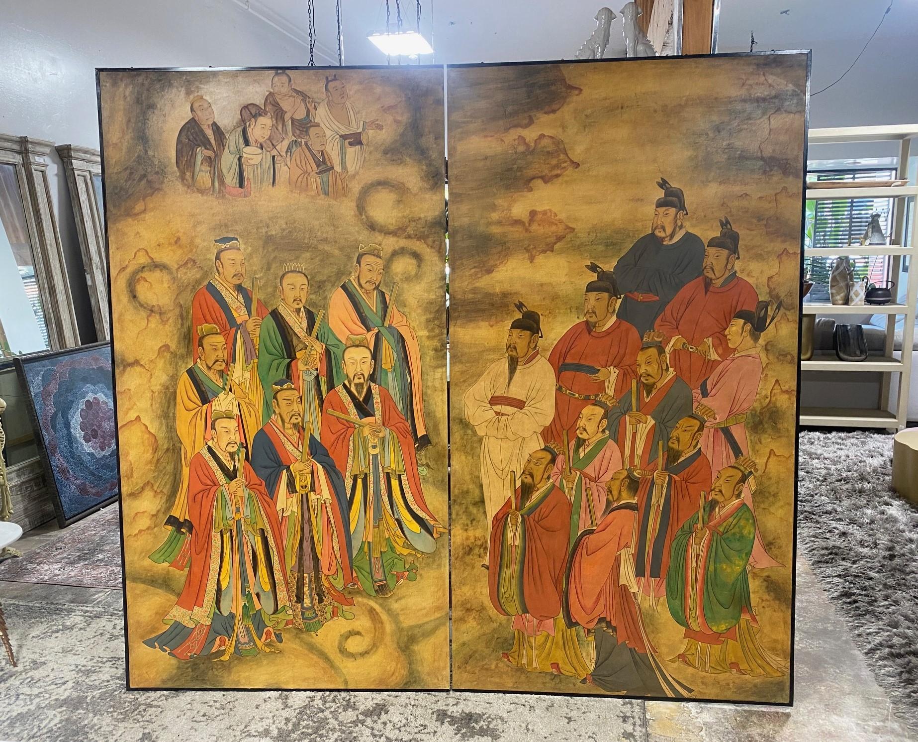 A gorgeous, quite large, boldly colored, and alluring hand-painted two-panel Chinese/Japanese/Asian Byobu folding screen depicting 18 exquisitely clad male ancestral or immortal figures and a group of four other what appears to be heavenly figures