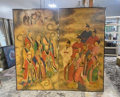 Japanese Chinese Asian Two-Panel Byobu Folding Screen Ancestral Immortal Figures