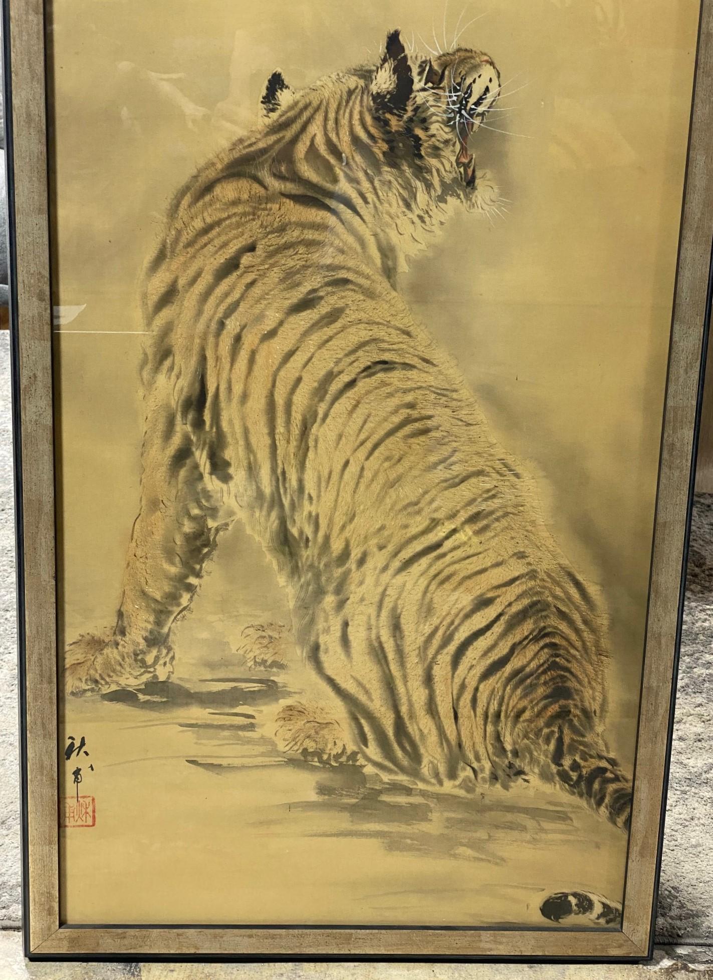 Showa Japanese Chinese Korean Asian Signed Framed Hand Painted Tiger Scroll Painting For Sale
