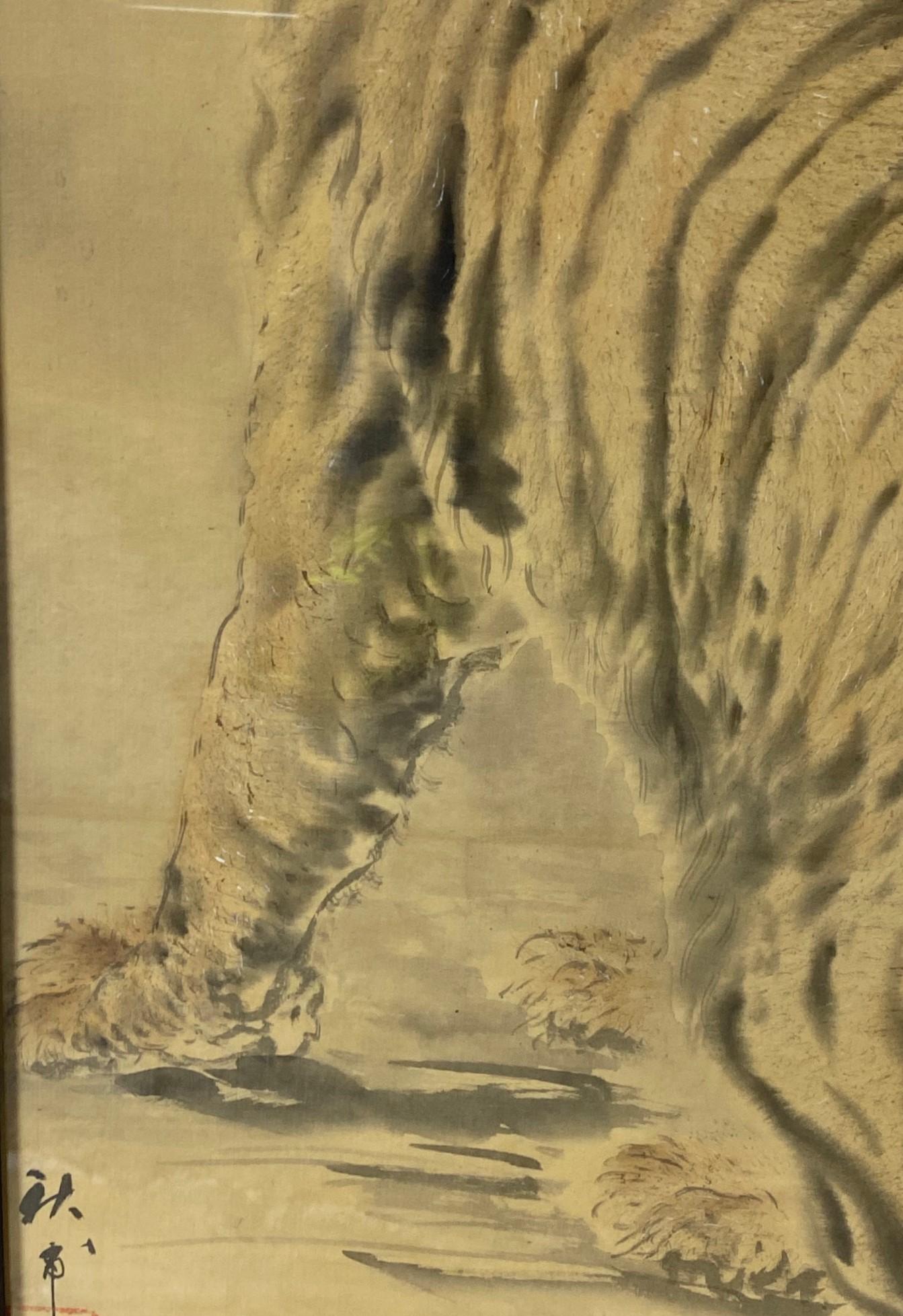 20th Century Japanese Chinese Korean Asian Signed Framed Hand Painted Tiger Scroll Painting For Sale