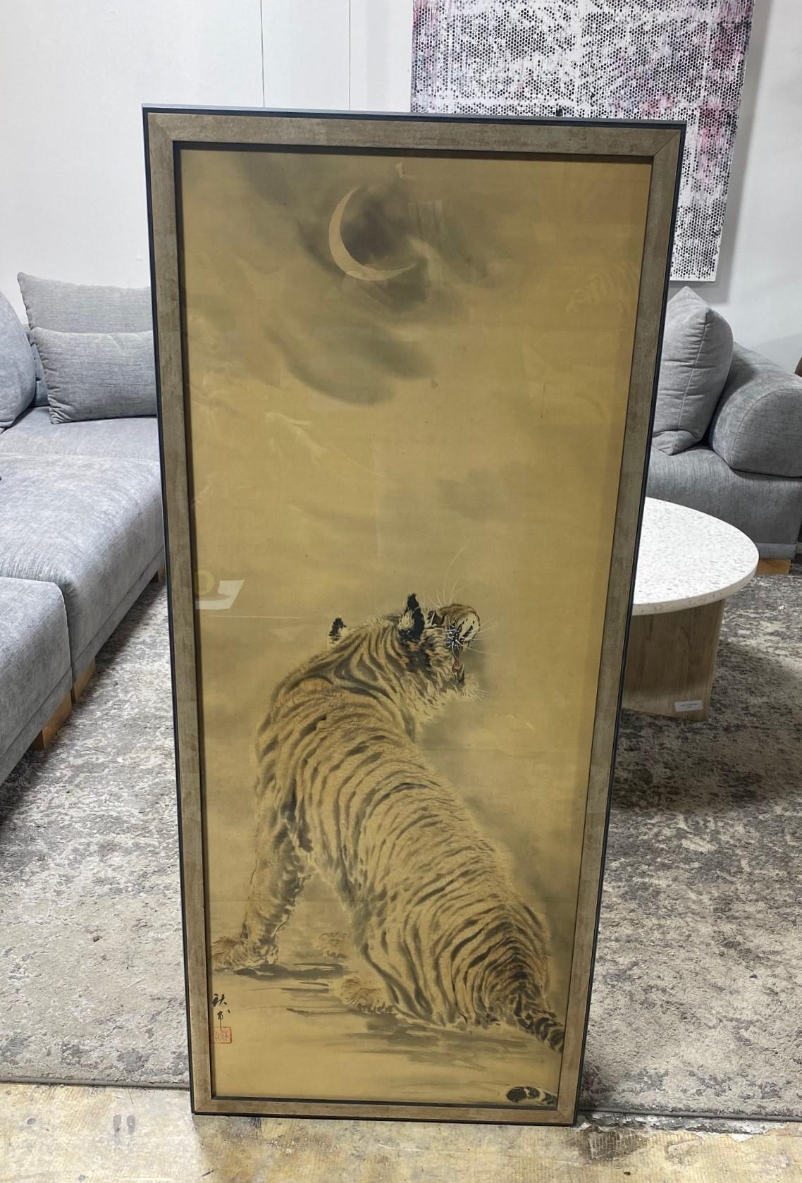 Japanese Chinese Korean Asian Signed Framed Hand Painted Tiger Scroll Painting For Sale 2