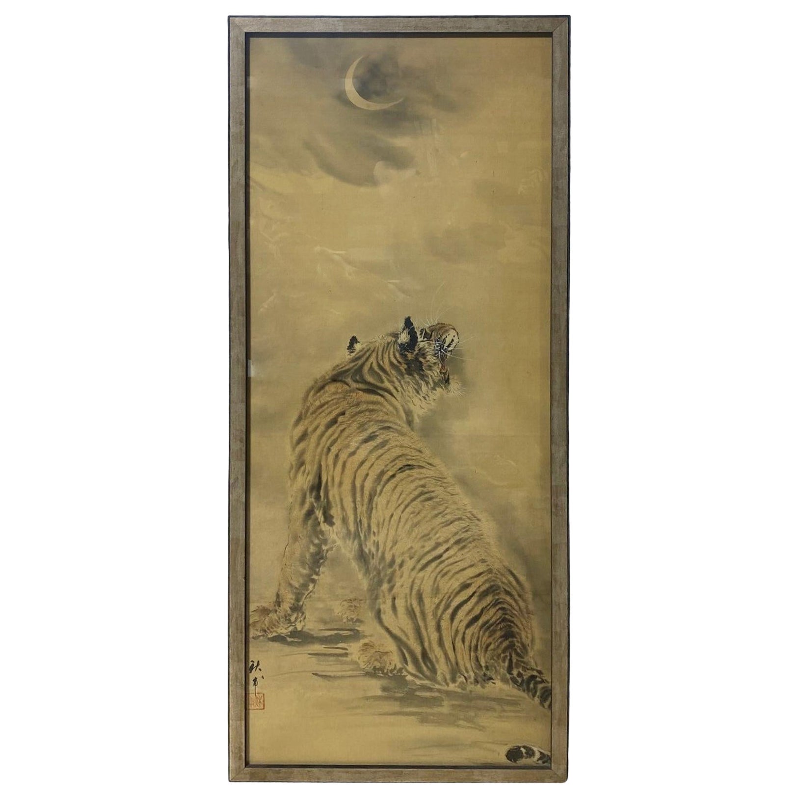 Japonés Chino Coreano Asiático Cuadro en Pergamino de Tigre Pintado a Mano y Enmarcado