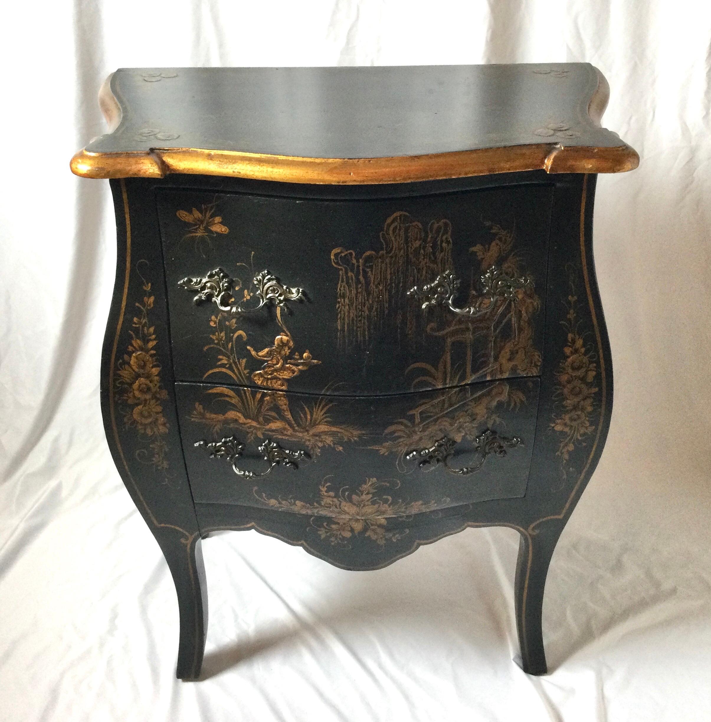 Japanese chinoiserie black painted two draw small Bombay chest. Great size 20