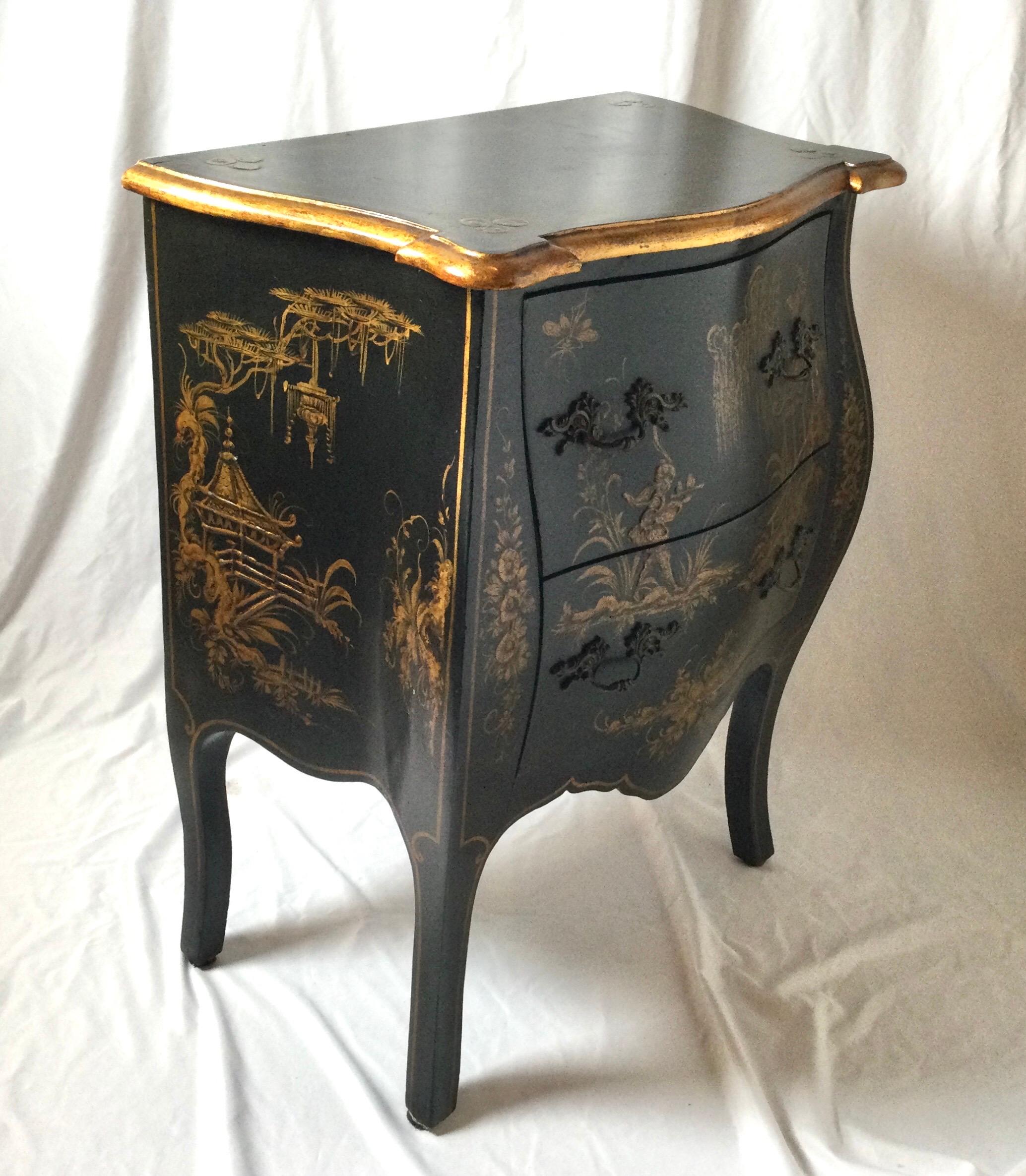 English Japanese Chinoiserie Black Painted Two Draw Small Bombay Chest
