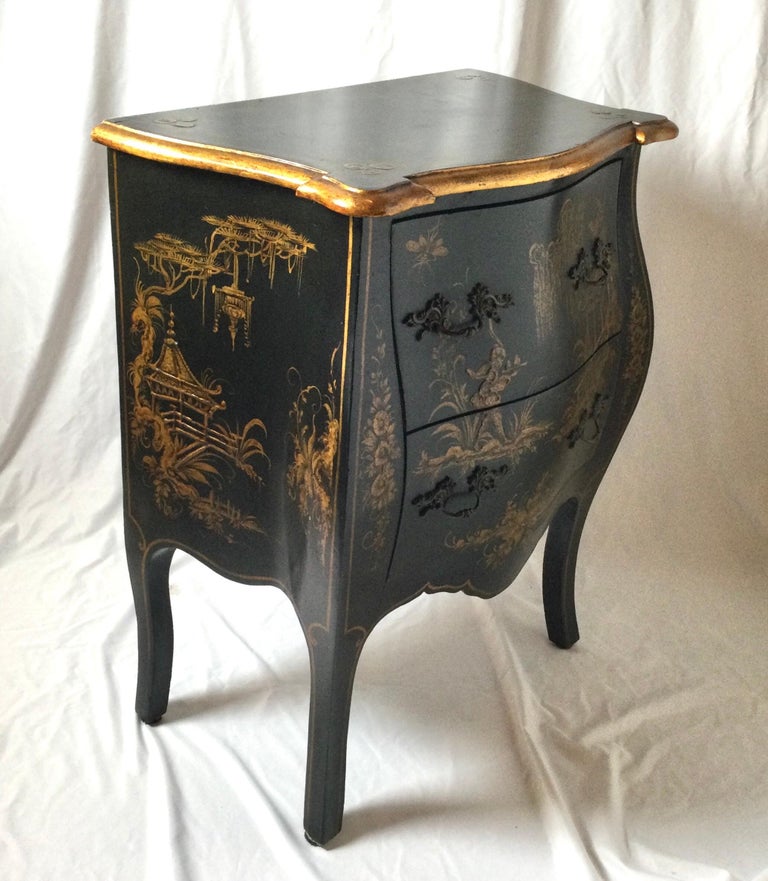 Japanese Chinoiserie Black Painted Two Draw Small Bombay Chest For Sale