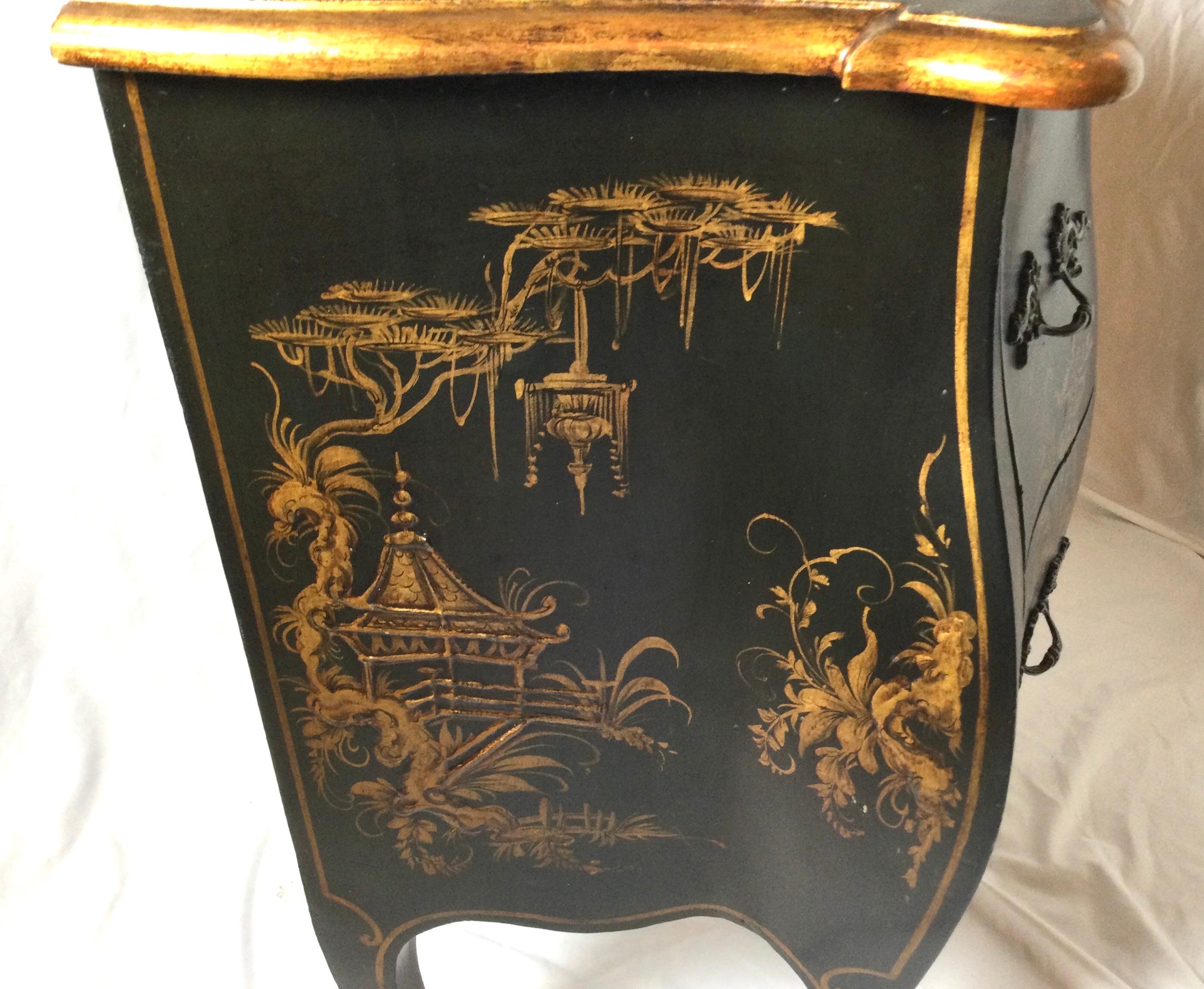 Japanese Chinoiserie Black Painted Two Draw Small Bombay Chest In Good Condition In Lambertville, NJ